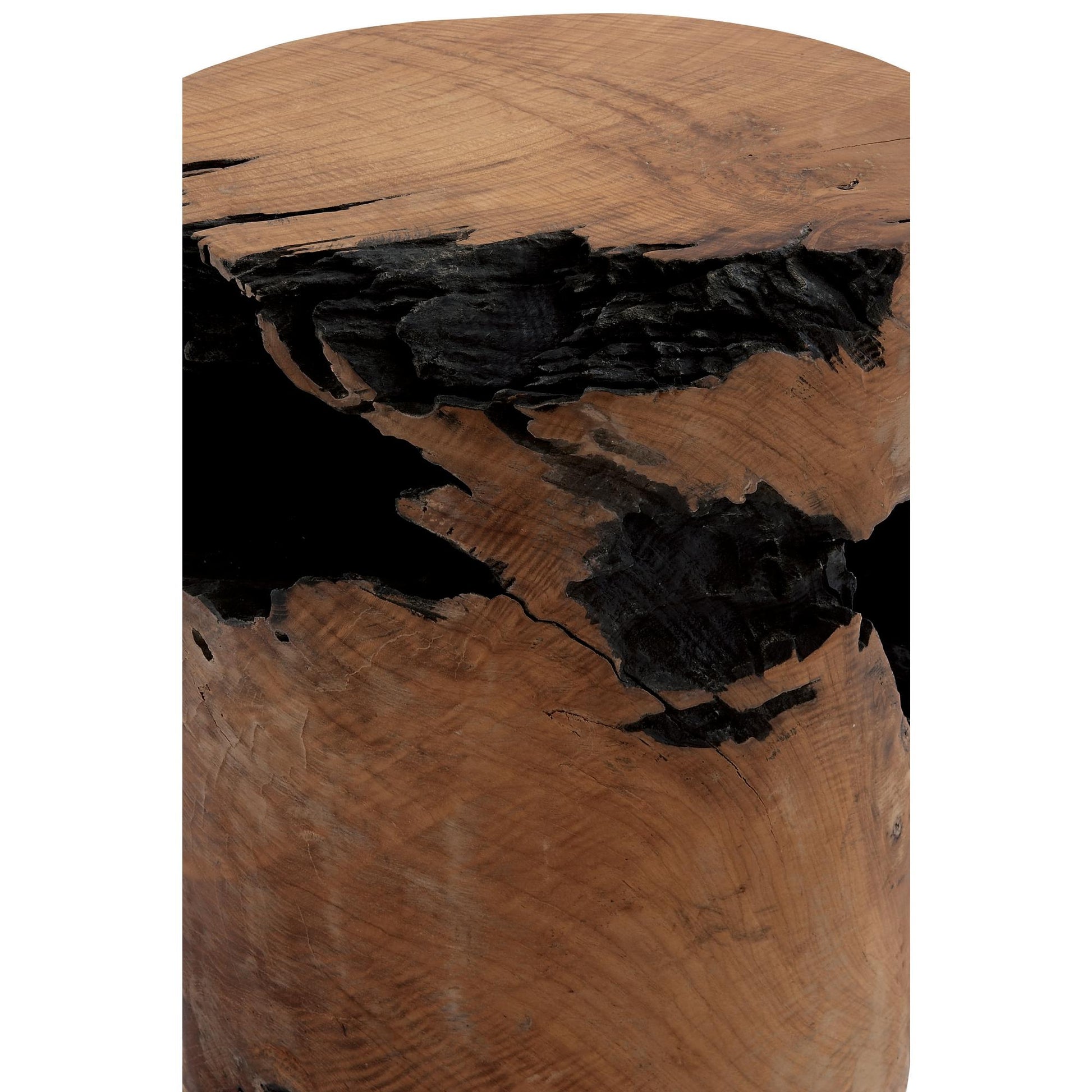 Brown Teak Wood Handmade Live Edge Stump Living Room Stool with Charred Detailing