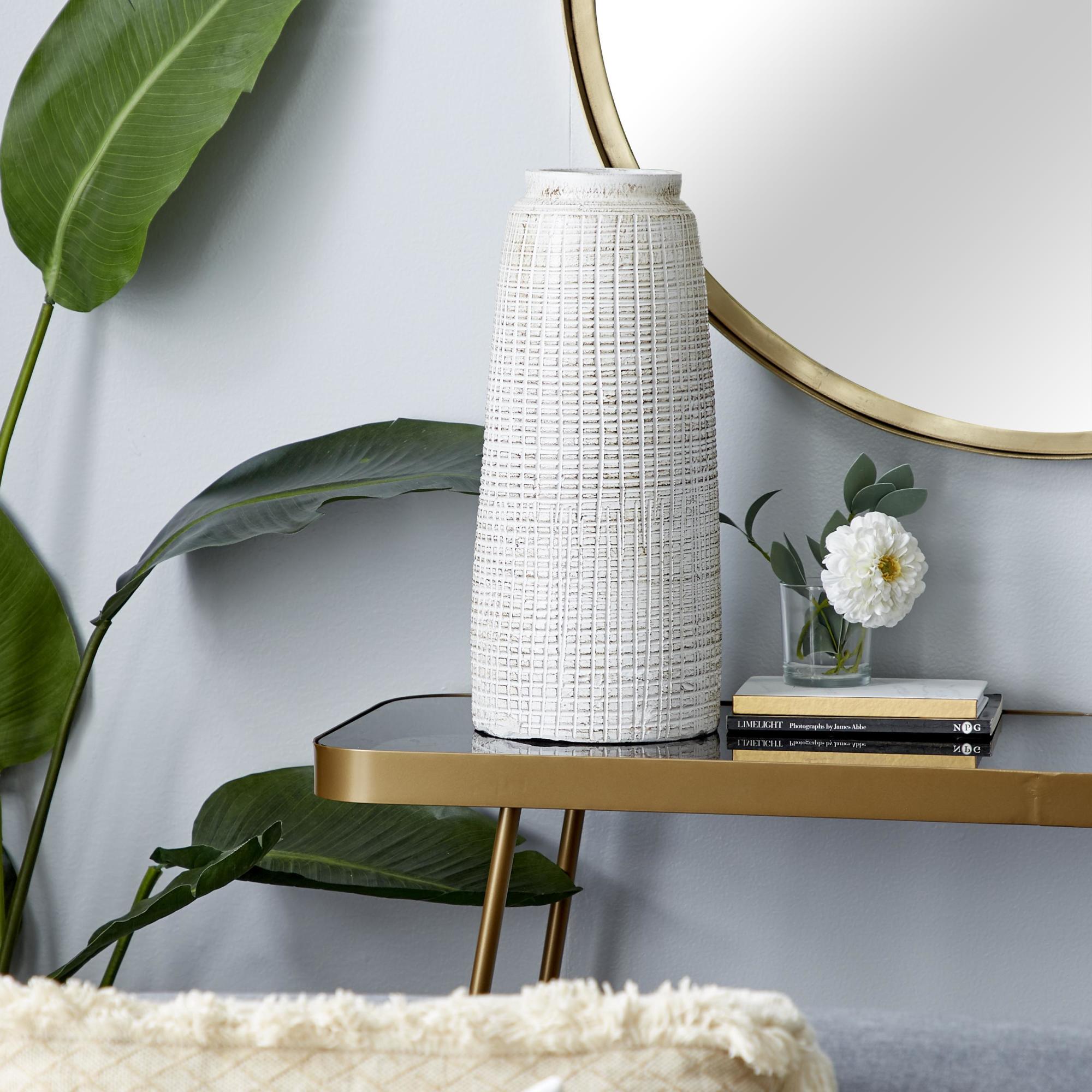 White Ceramic Textured Crosshatch Decorative Vase with Crosshatch Design