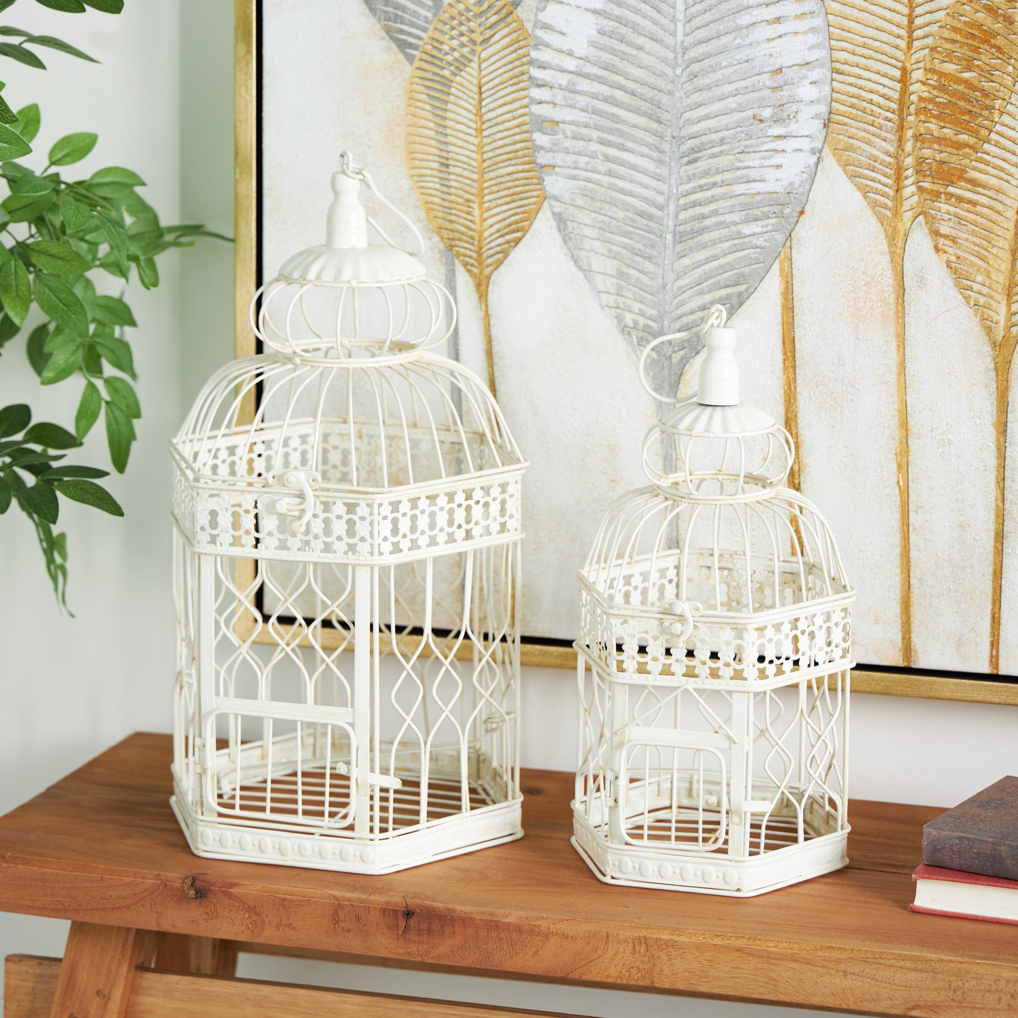 Set of 2 Scroll Cream Metal Distressed Wire Decorative Birdcage with Latch Lock Closure and Hanging Hook