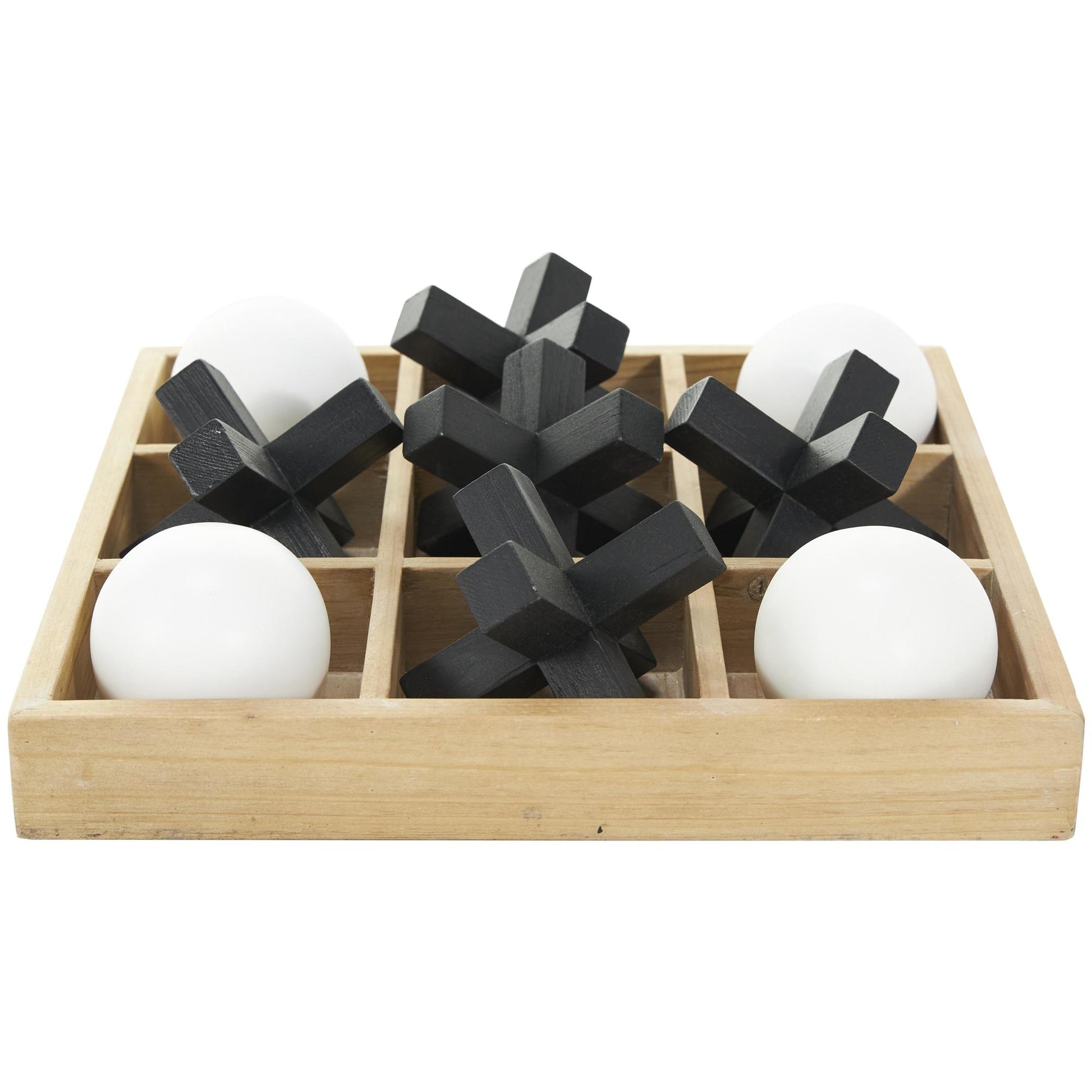 Tic Tac Toe Brown Wood Dimensional Home Decor Game Set with 3D Black and White Game Pieces
