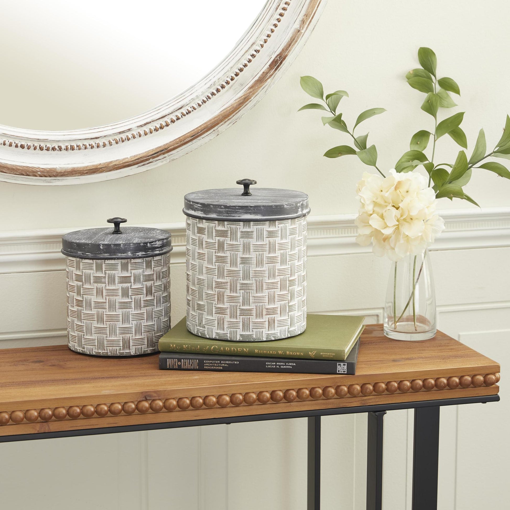 Set of 2 Brown Metal Living Room Decorative Jars with Weave Inspired Pattern