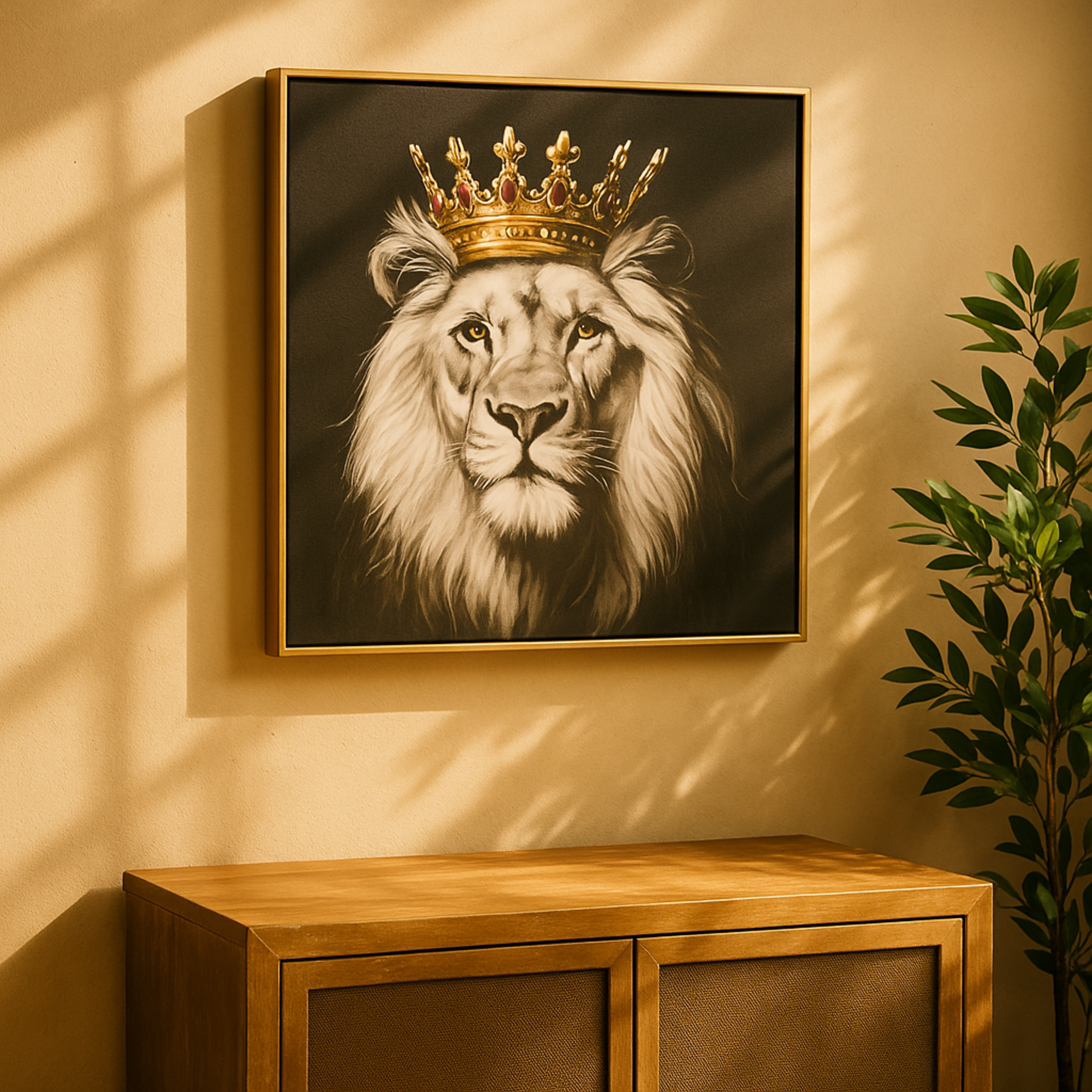 Lion Black Canvas Shaded Living Room Framed Wall Art with Gold Jeweled Crown