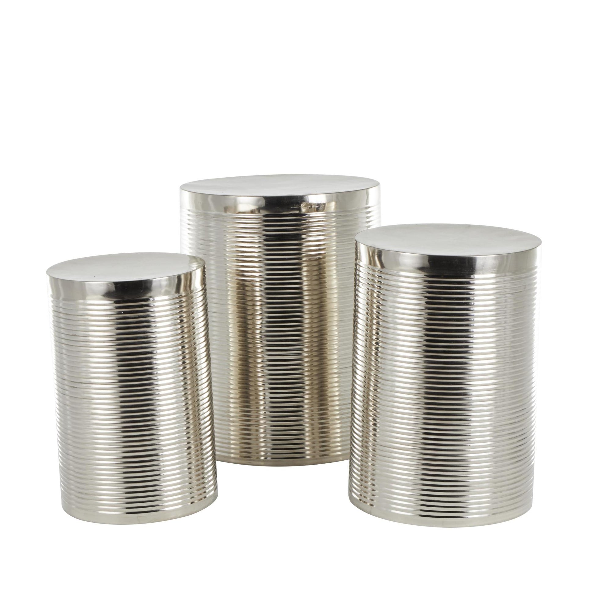 Set of 3 Metal Ribbed Drum Side End Accent Table Set of 3 24", 22", 20"H