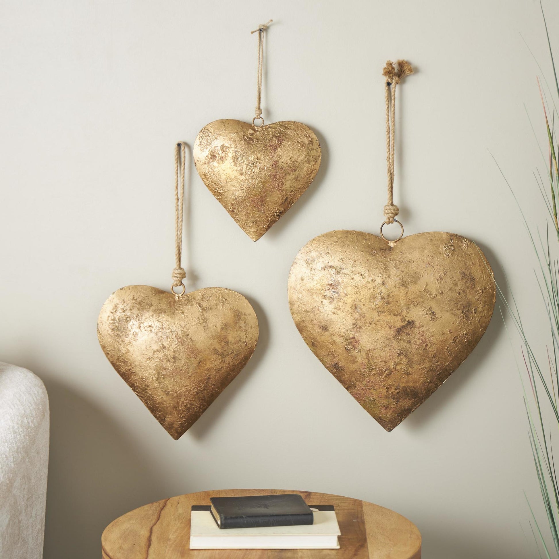 Set of 3 Heart Metal Tibetan Inspired Weathered Indoor Outdoor Decorative Bells with Jute Hanging Rope