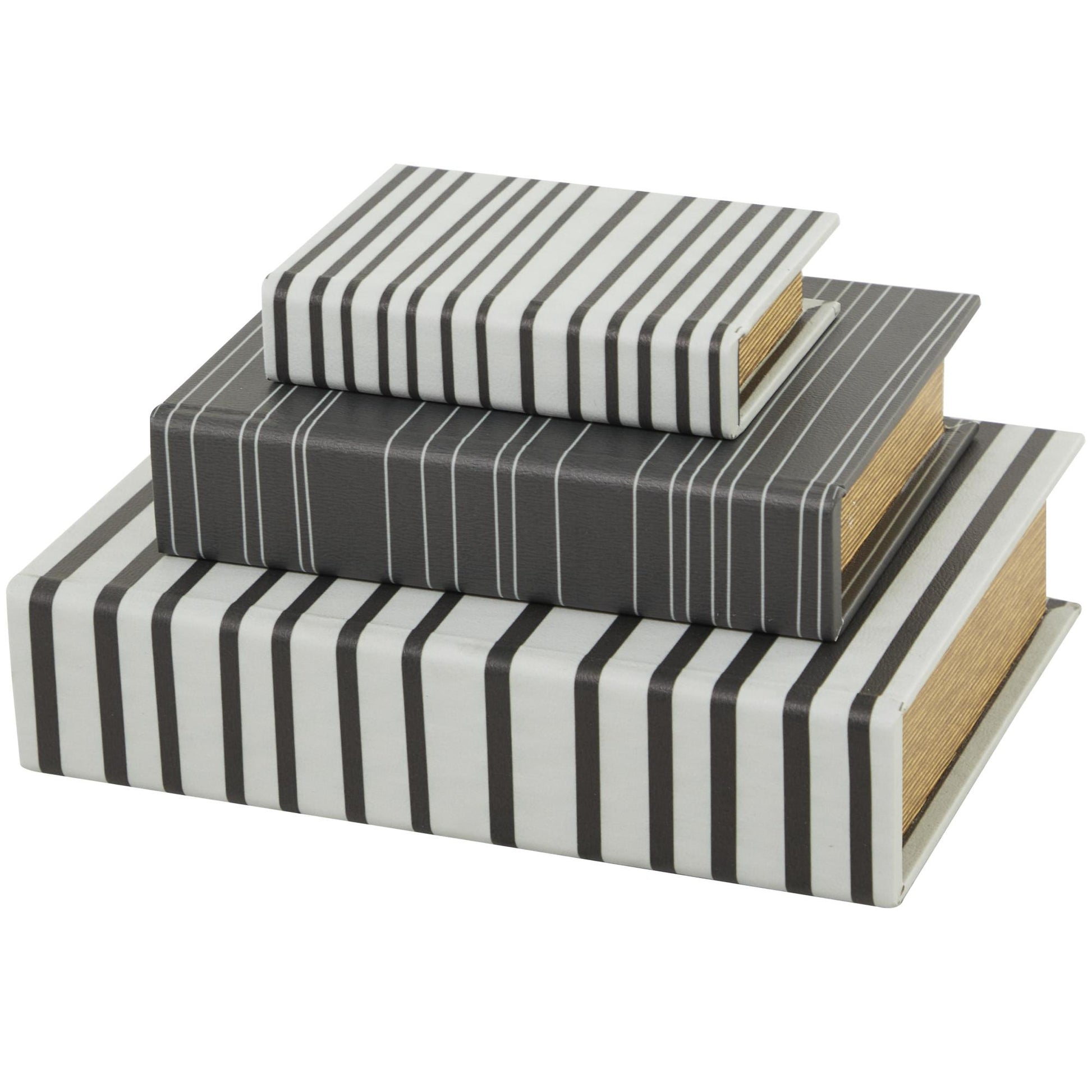 Set of 3 White Faux Leather Striped Faux Book Storage Decorative Box with Black Accents