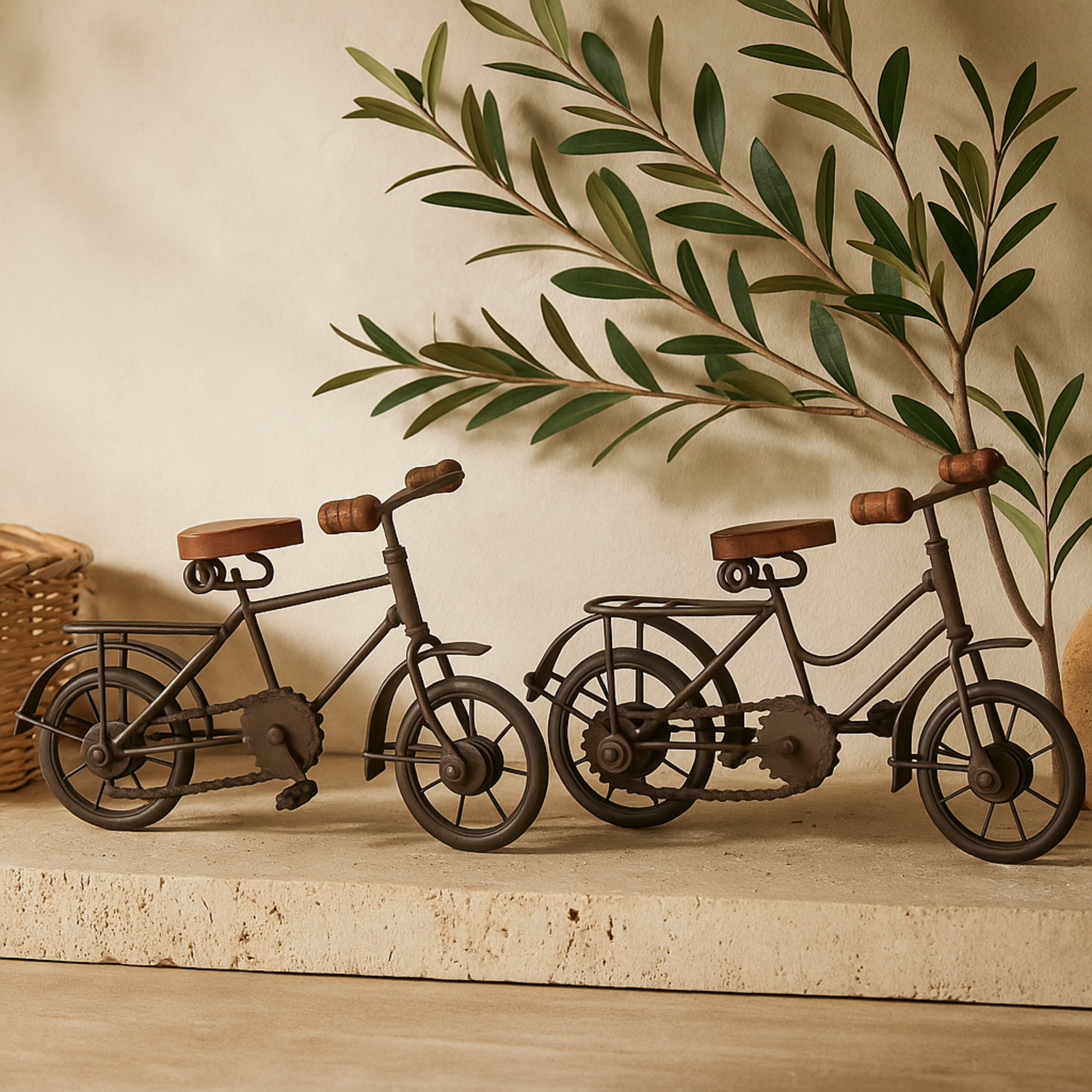 Set of 2 Bike Black Metal Decorative Sculpture with Wood Accents
