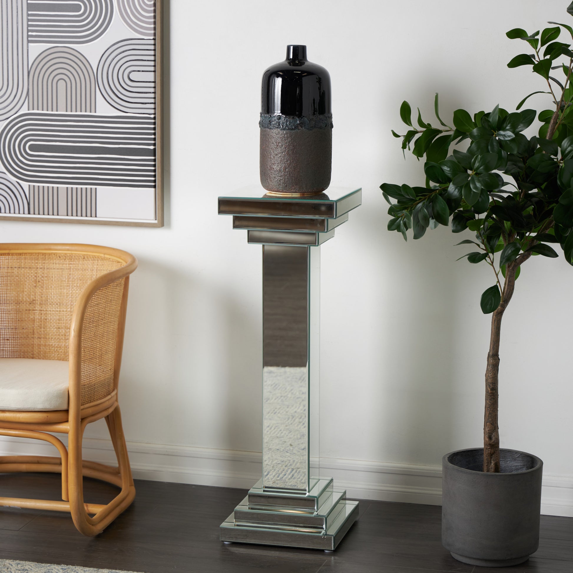 Silver Glass Mirrored Side End Pedestal Table