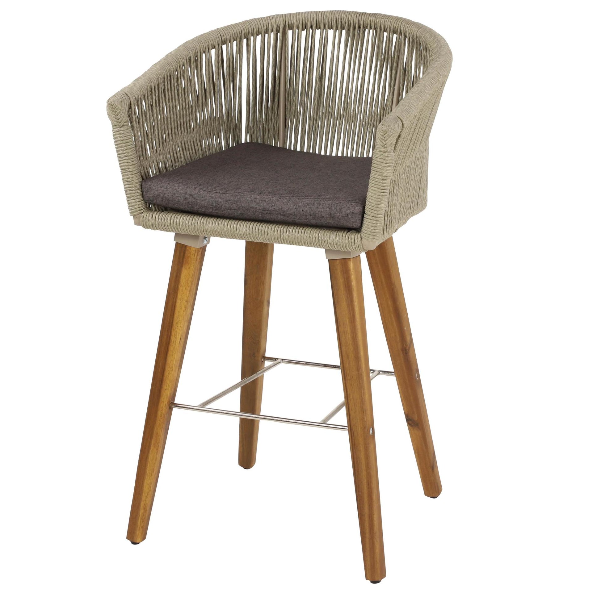 Gray Fabric Woven Rope Indoor Kitchen Bar Stool with Polyester Cushion and Tapered Wood Legs