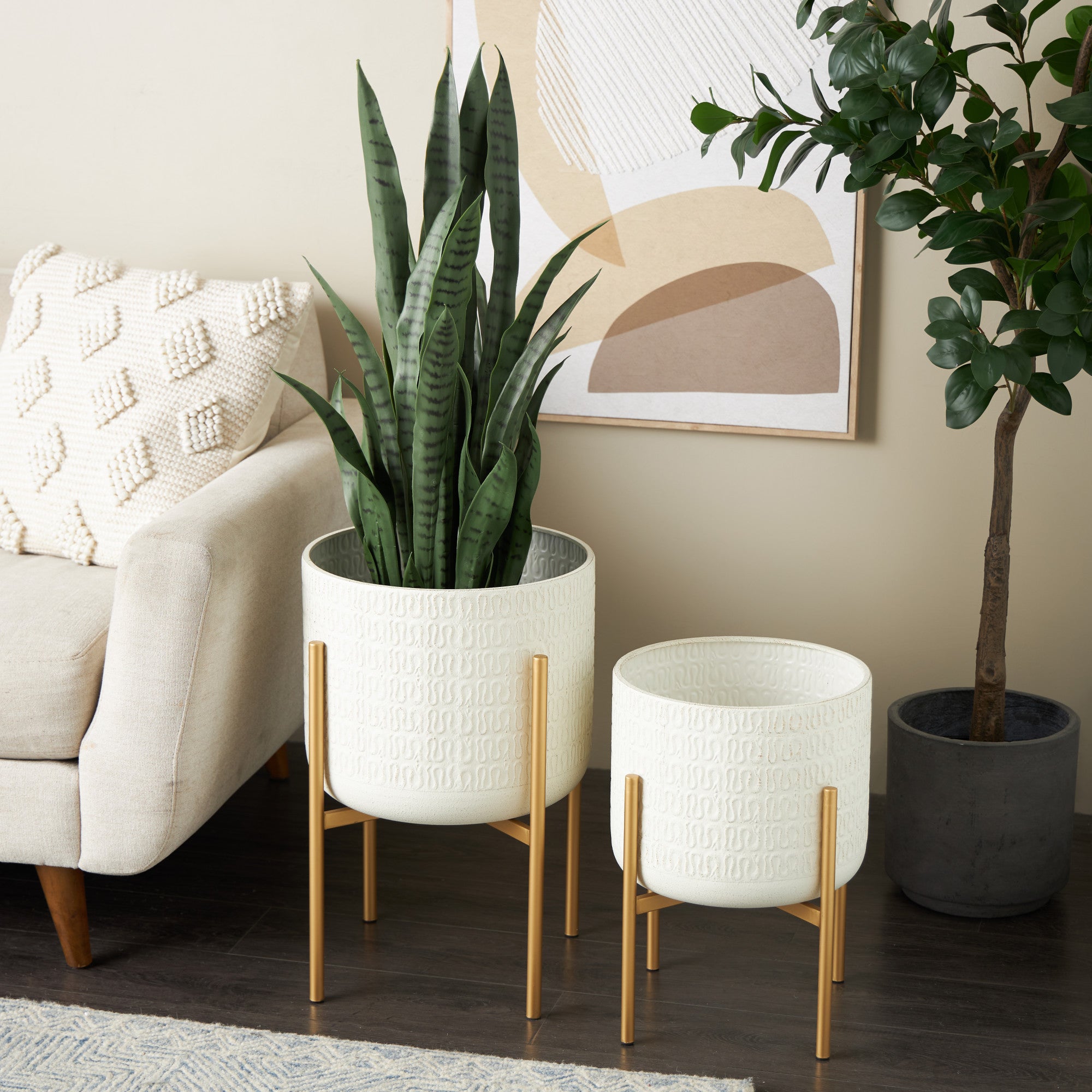 Set of 2 White Metal Dome Indoor Outdoor Planter with Gold Stand