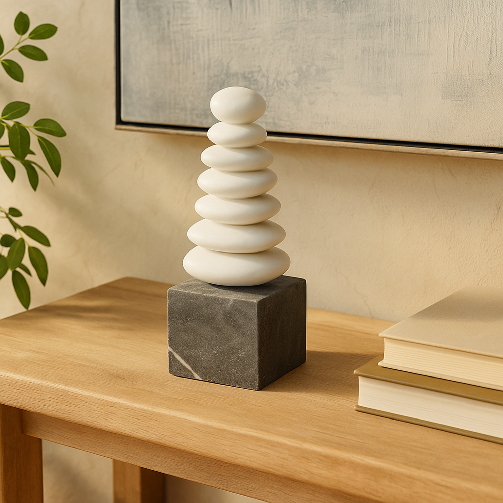 Abstract White Marble Stacked Stone Decorative Sculpture with Black Block Base