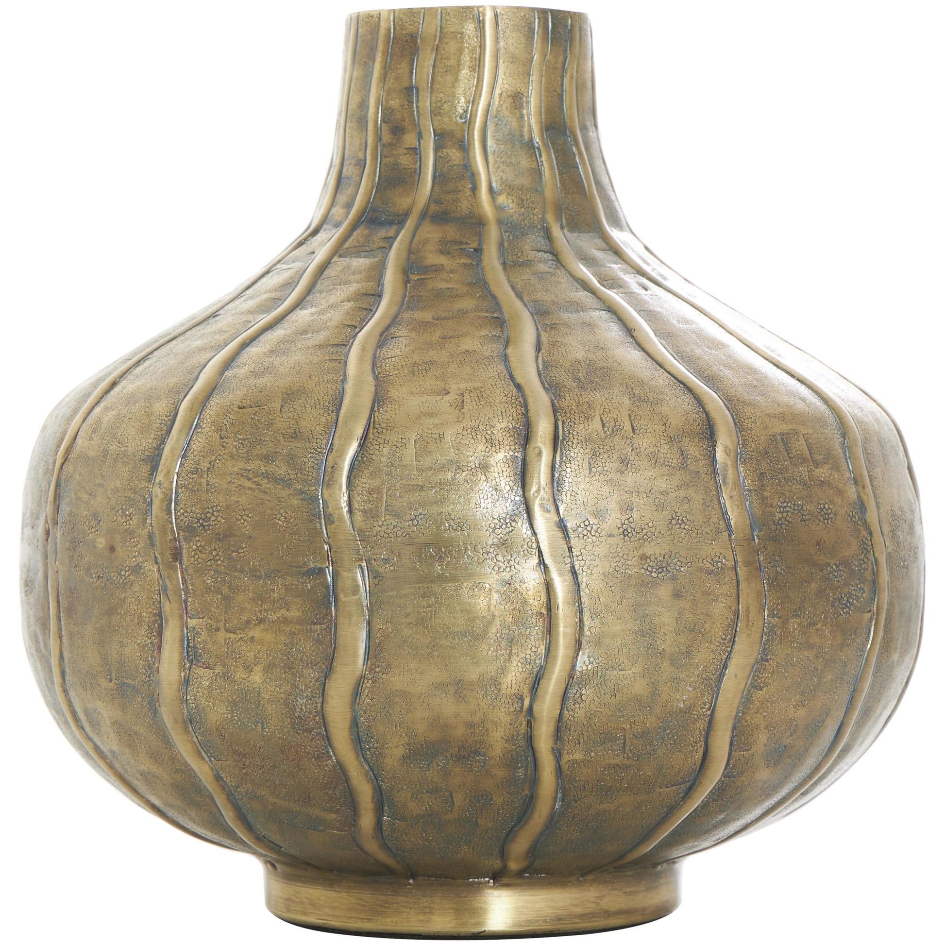 Brass Metal Wide Snakeskin Inspired Decorative Vase with Dimensional Wavy Accents