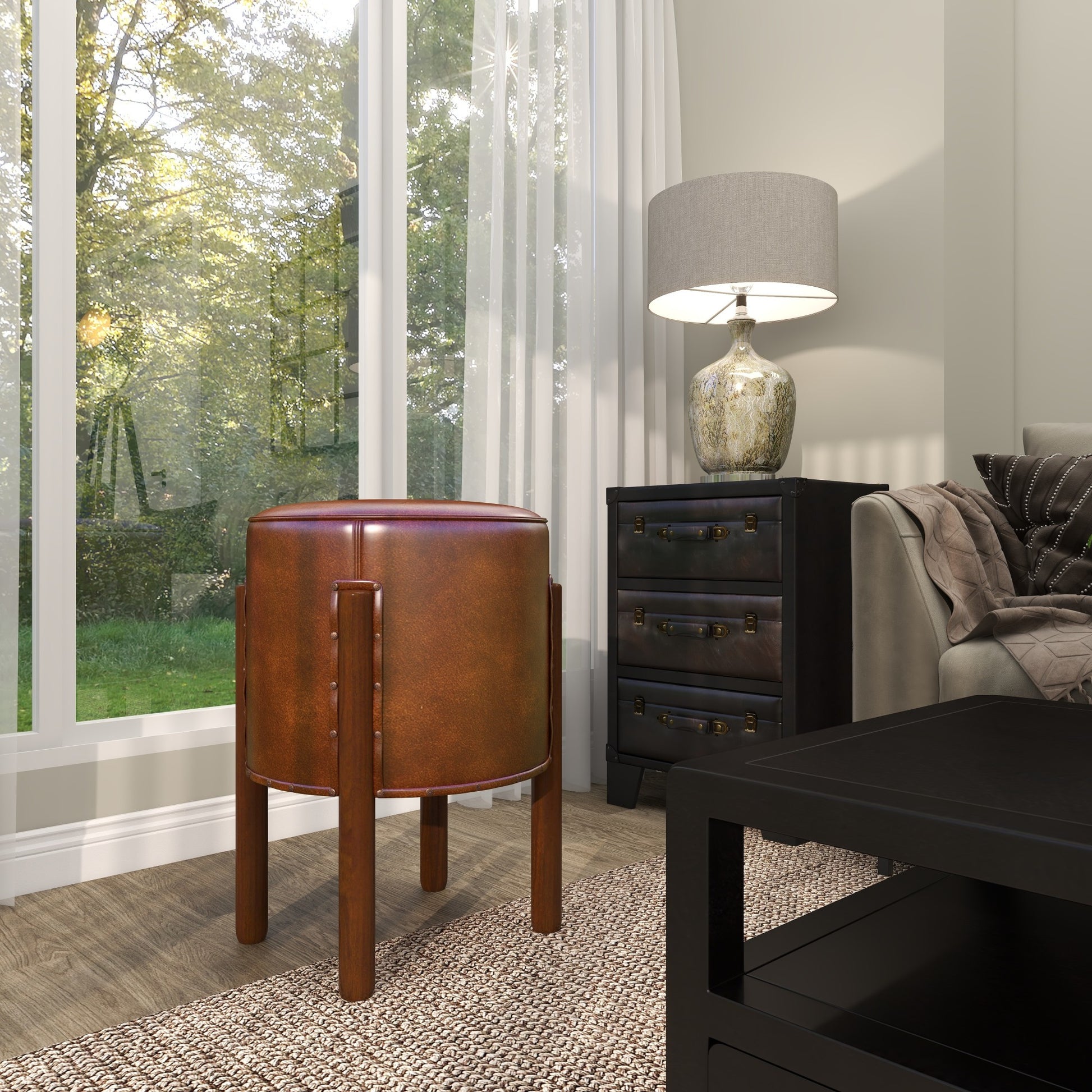 Brown Teak Wood Handmade Upholstered Leather Living Room Stool with Wood Legs