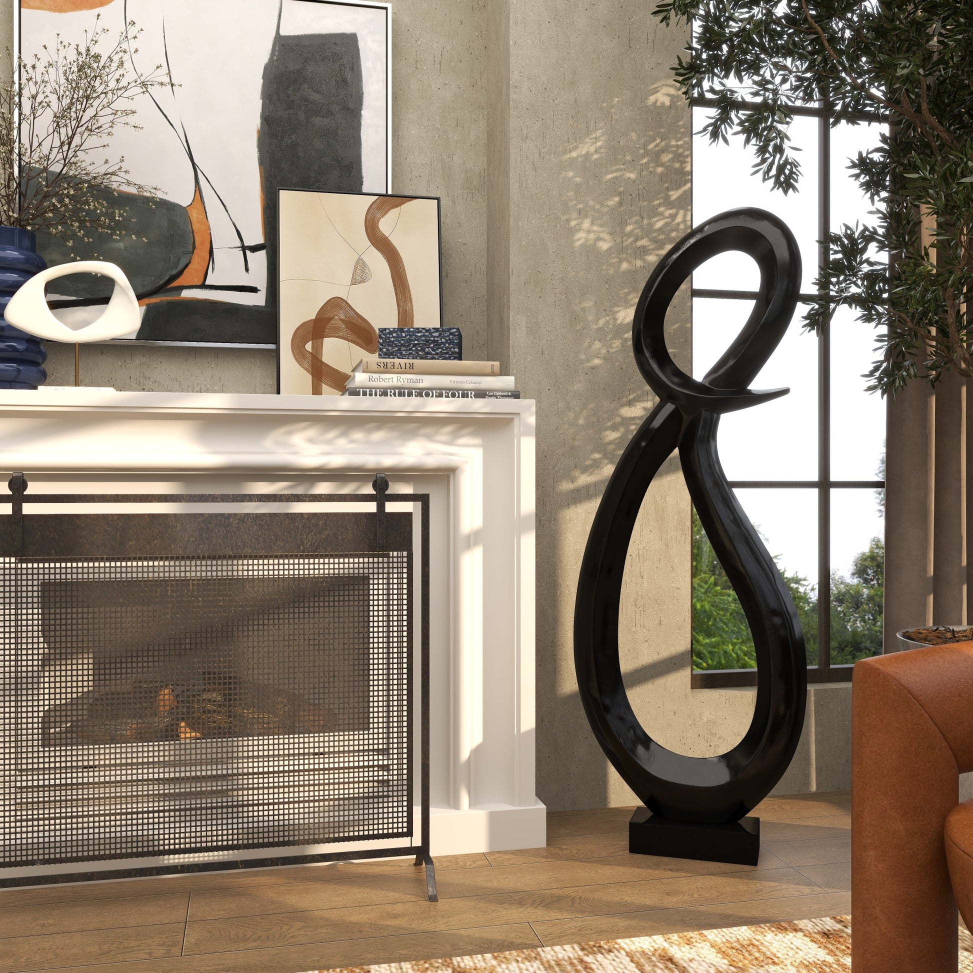 Abstract Aluminum Metal Tall Looped Floor Decorative Sculpture with Black Marble Base