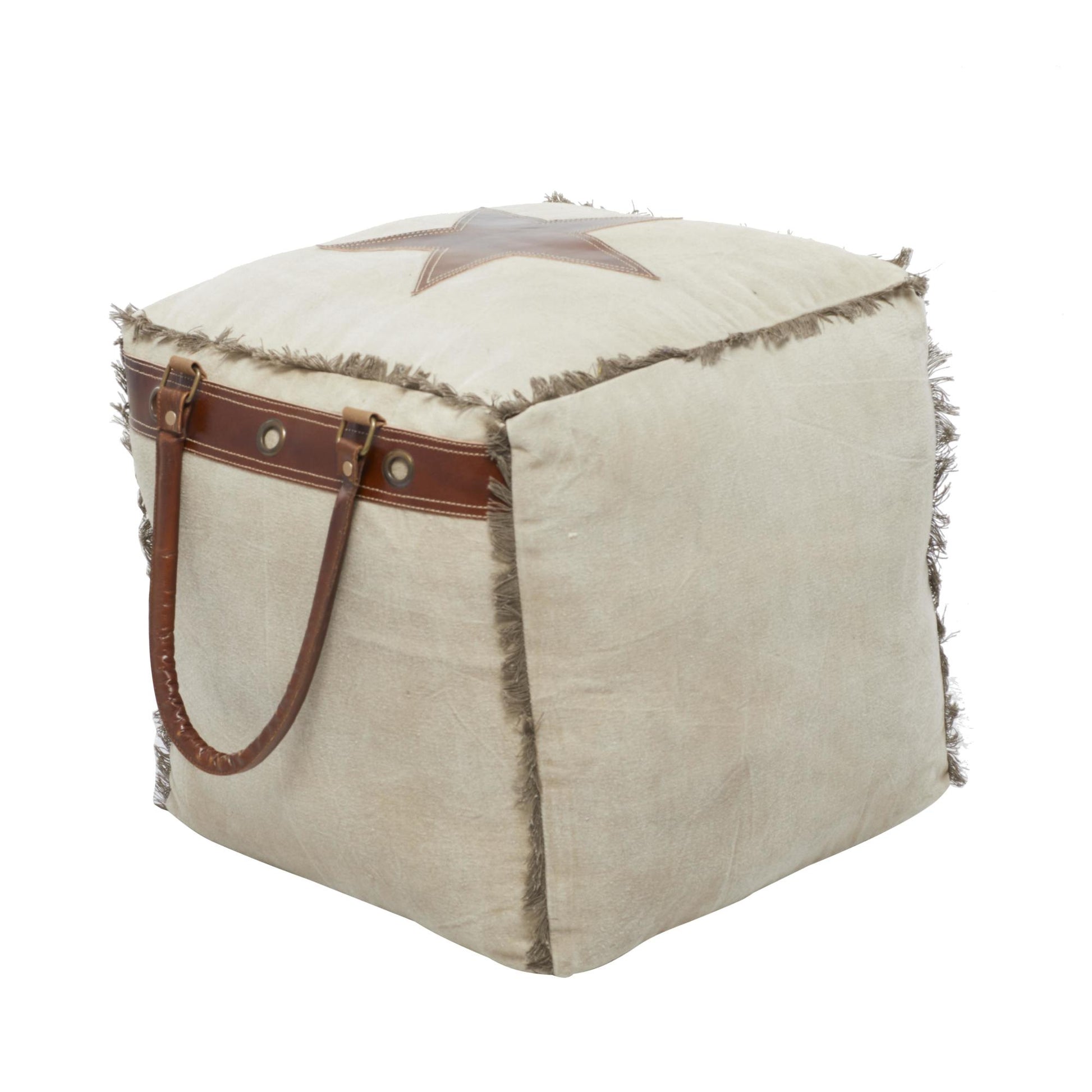 Star Canvas Stuffed Pouf with Leather Accents
