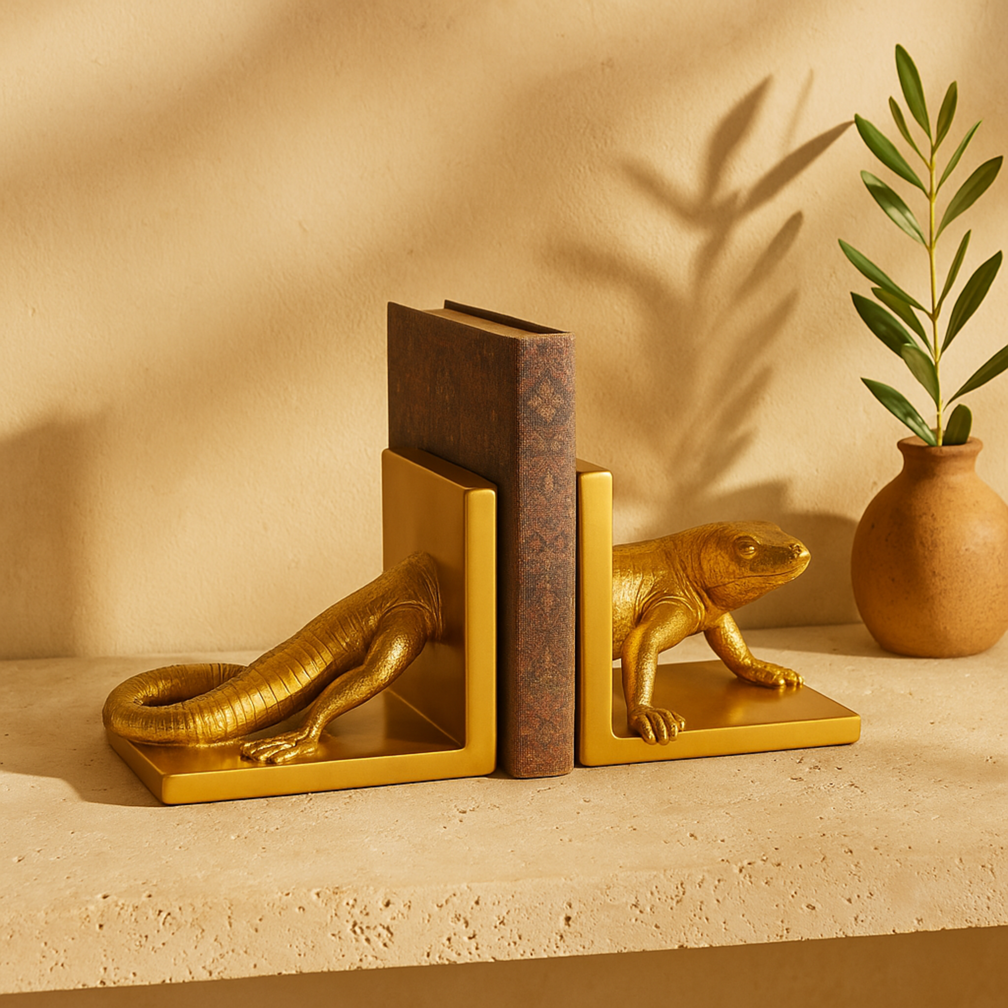 Set of 2 Lizard Gold Resin Crawling Decorative Bookends