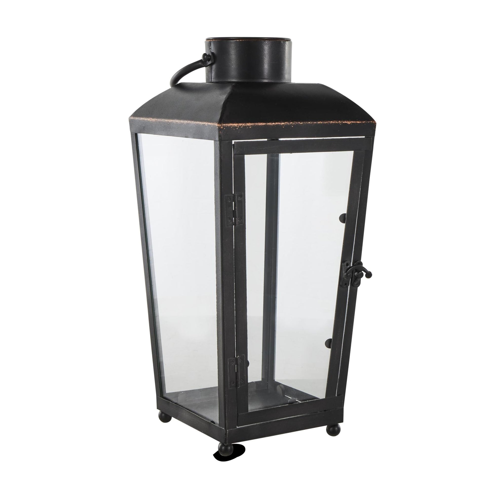 Black Metal Modern Indoor Outdoor Candle Lantern with Gold Accents