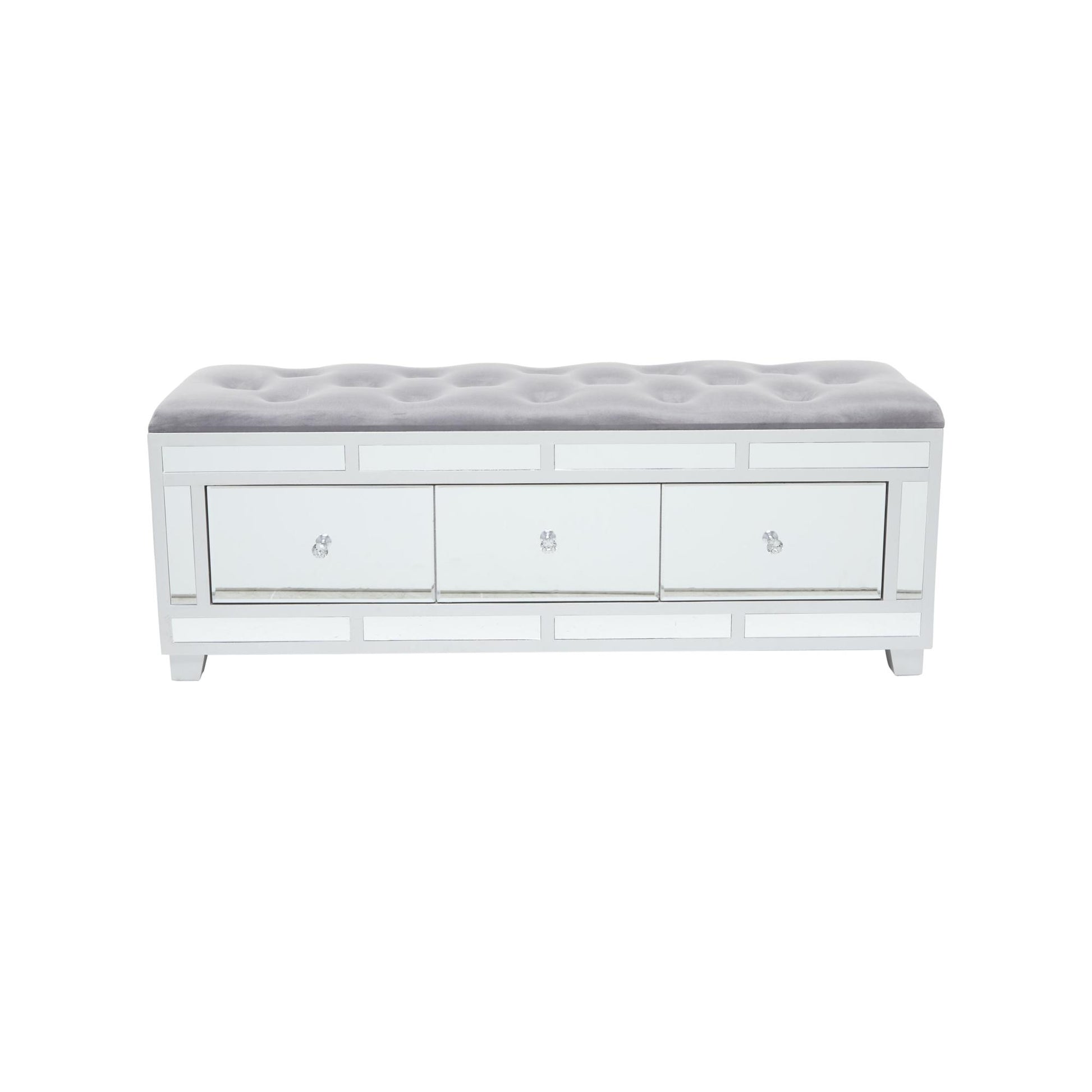Gray Velvet Mirrored 3 Drawer Room Storage Bench with Upholstered Seat