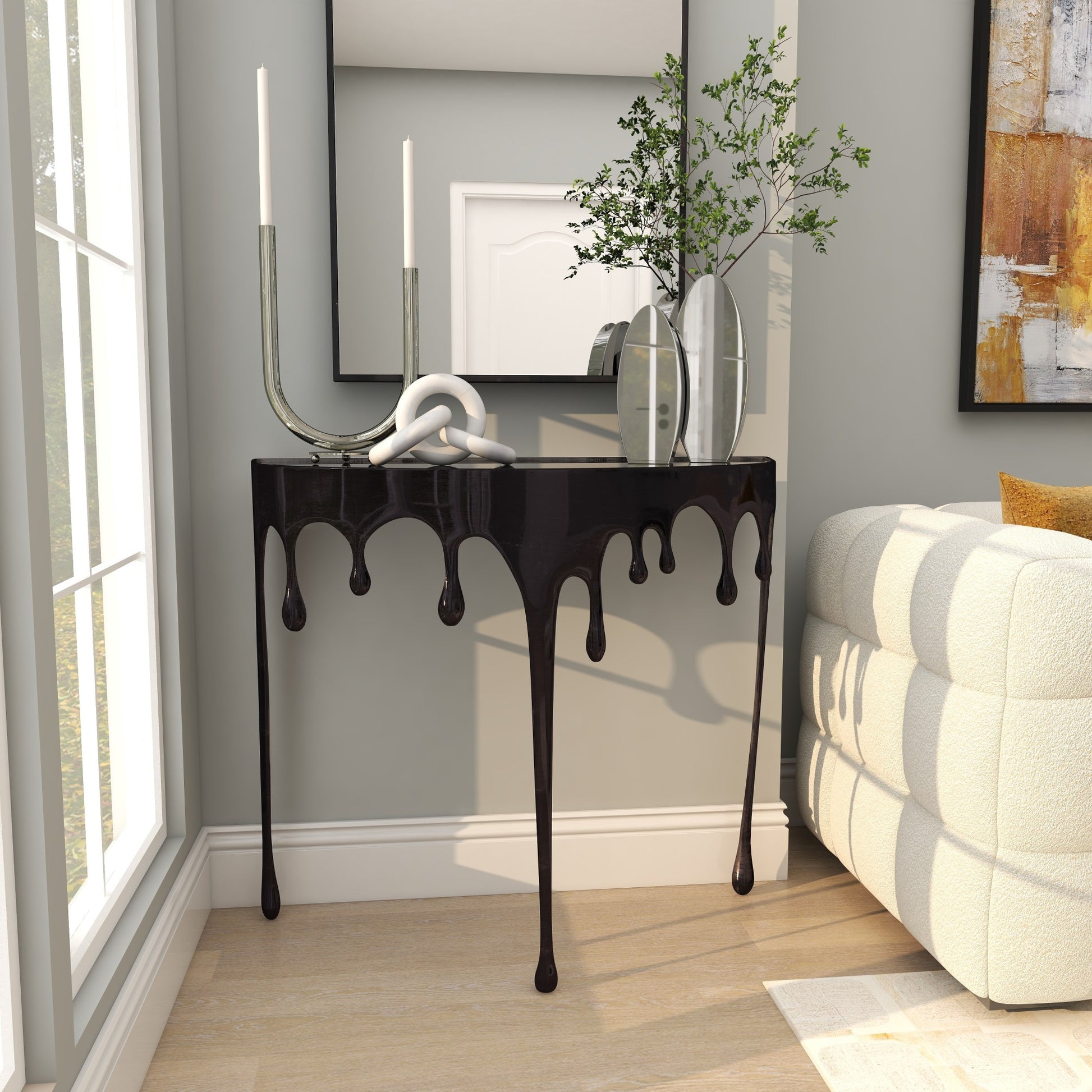 Abstract Aluminum Metal Crescent Drip Living Room Console Table with Melting Design Legs and Glass Top