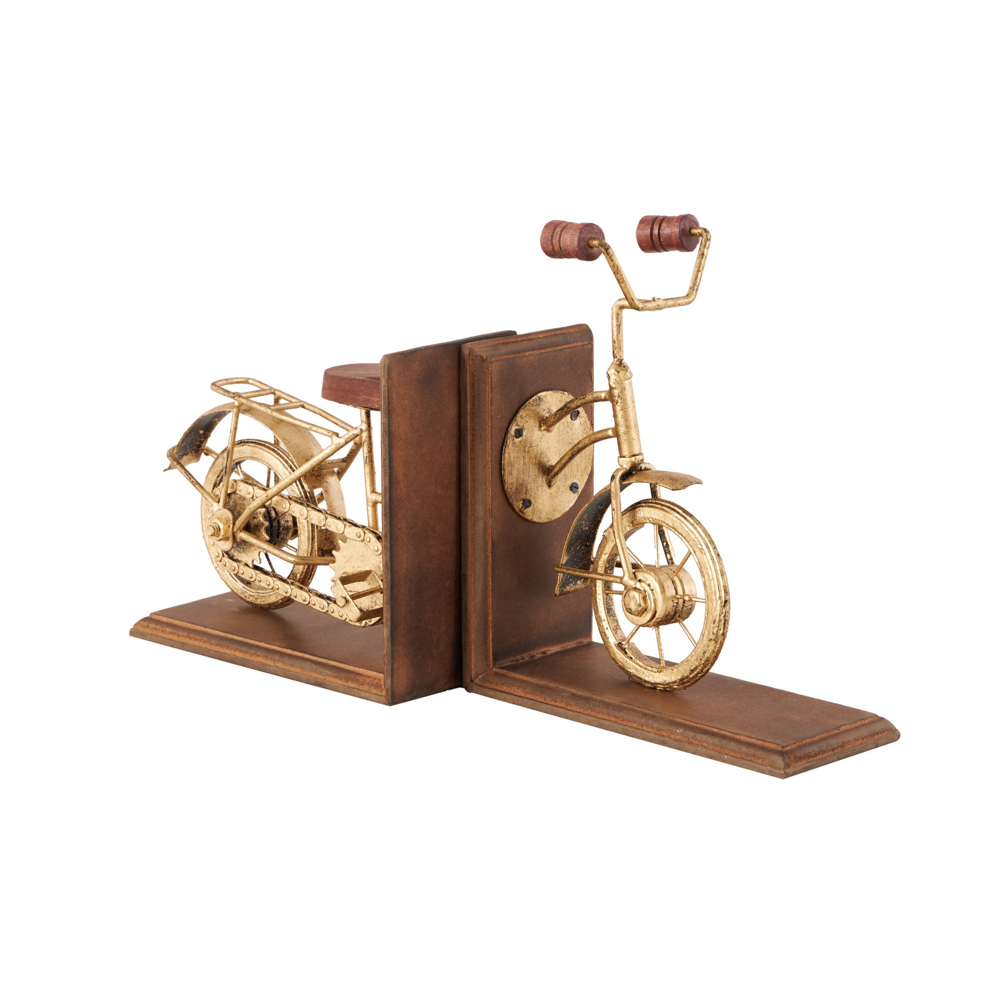 Set of 2 Bike Brass Wooden Decorative Bookends