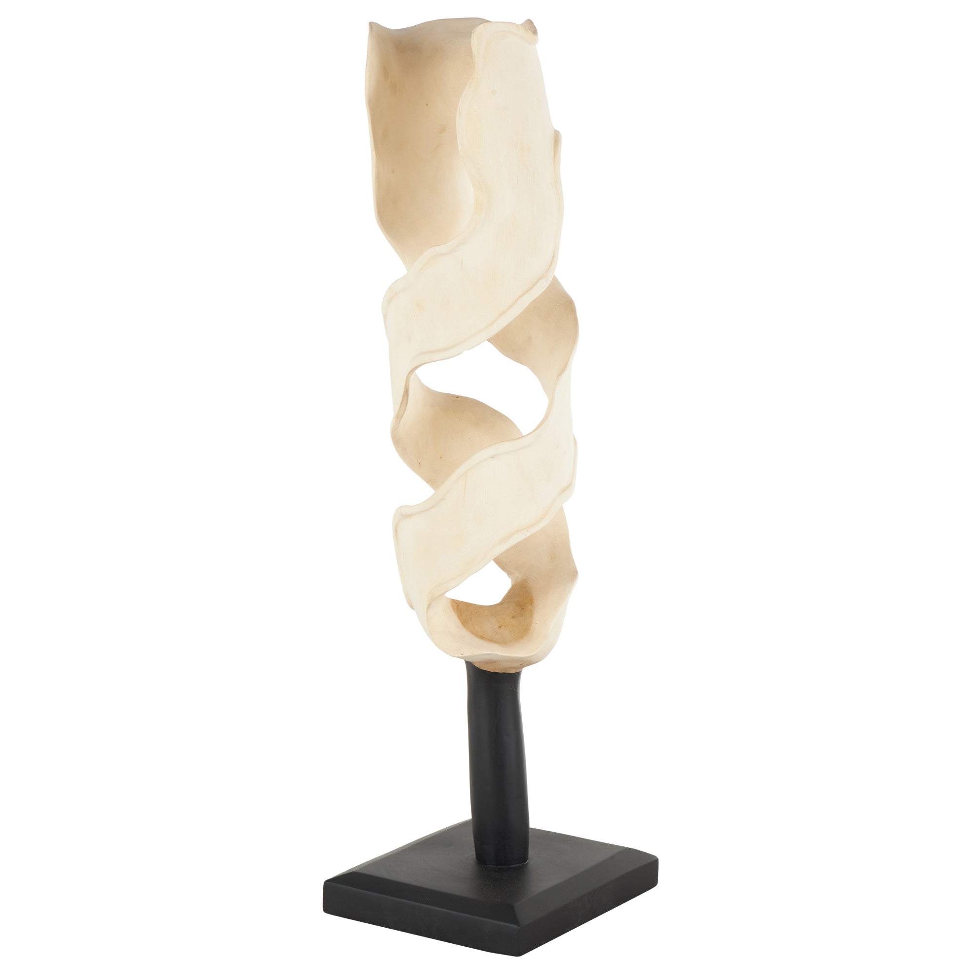 Abstract Cream Teak Wood Handmade Live Edge Intertwined Decorative Sculpture with Black Square Base