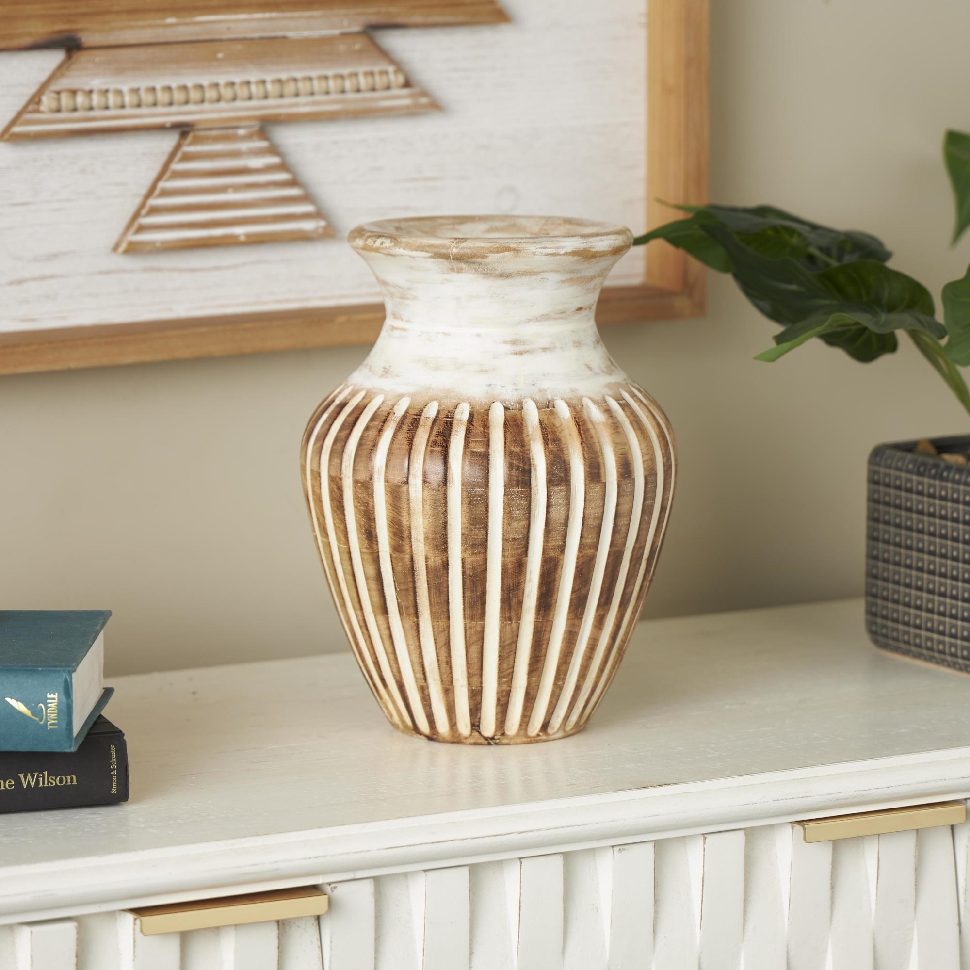 Brown Mango Wood Distressed Decorative Vase with Carved Grooves