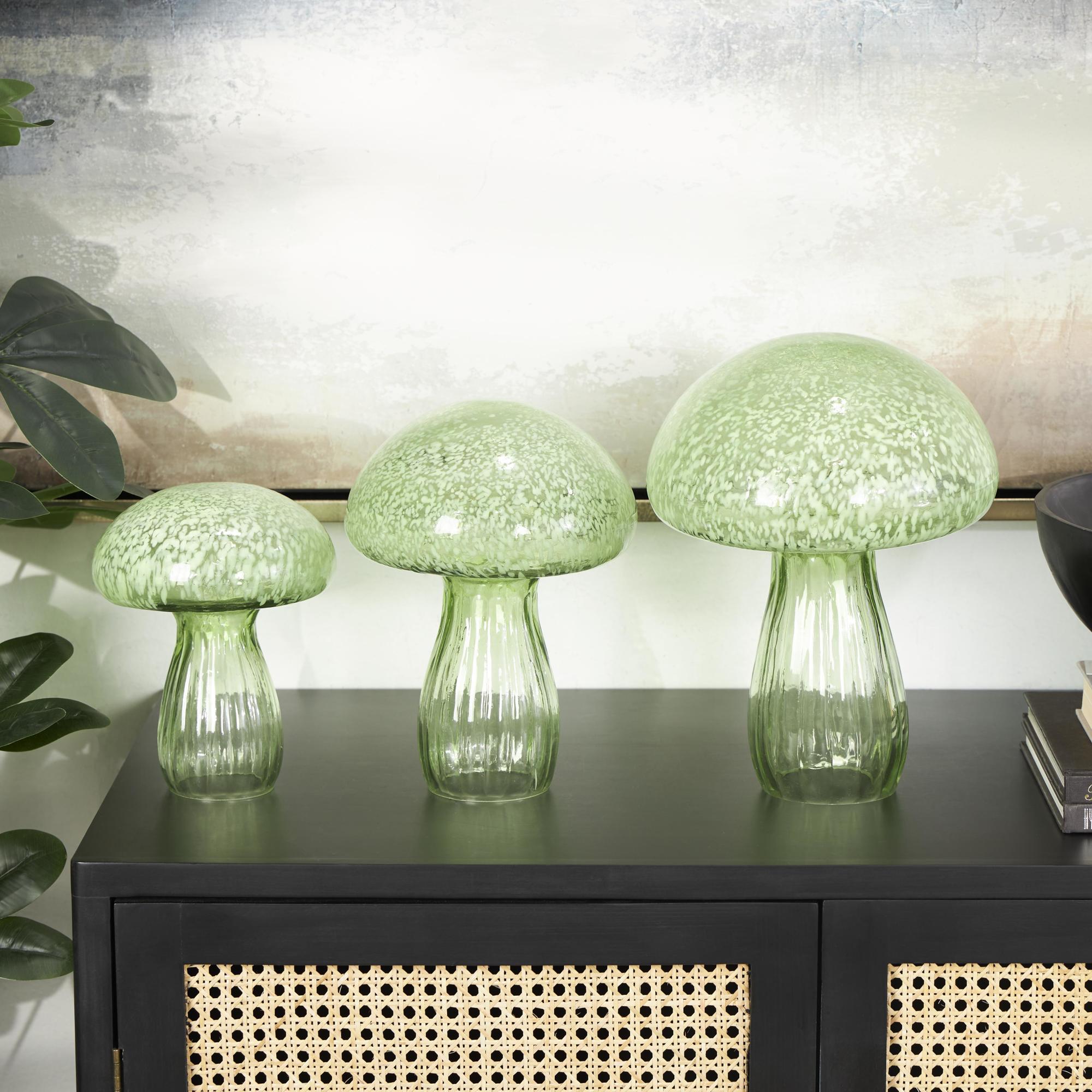 Set of 3 Mushroom Green Glass Textured Decorative Sculpture