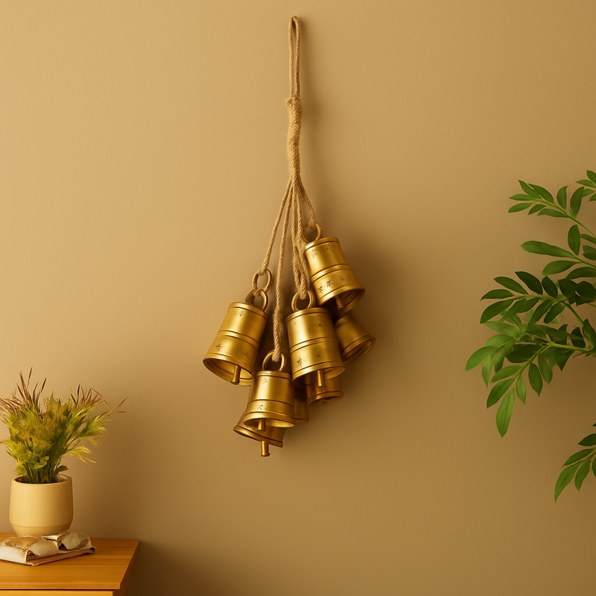 Gold Metal Tibetan Inspired Cascading Cluster Indoor Outdoor Decorative Bells with 8 Bells on Jute Hanging Rope