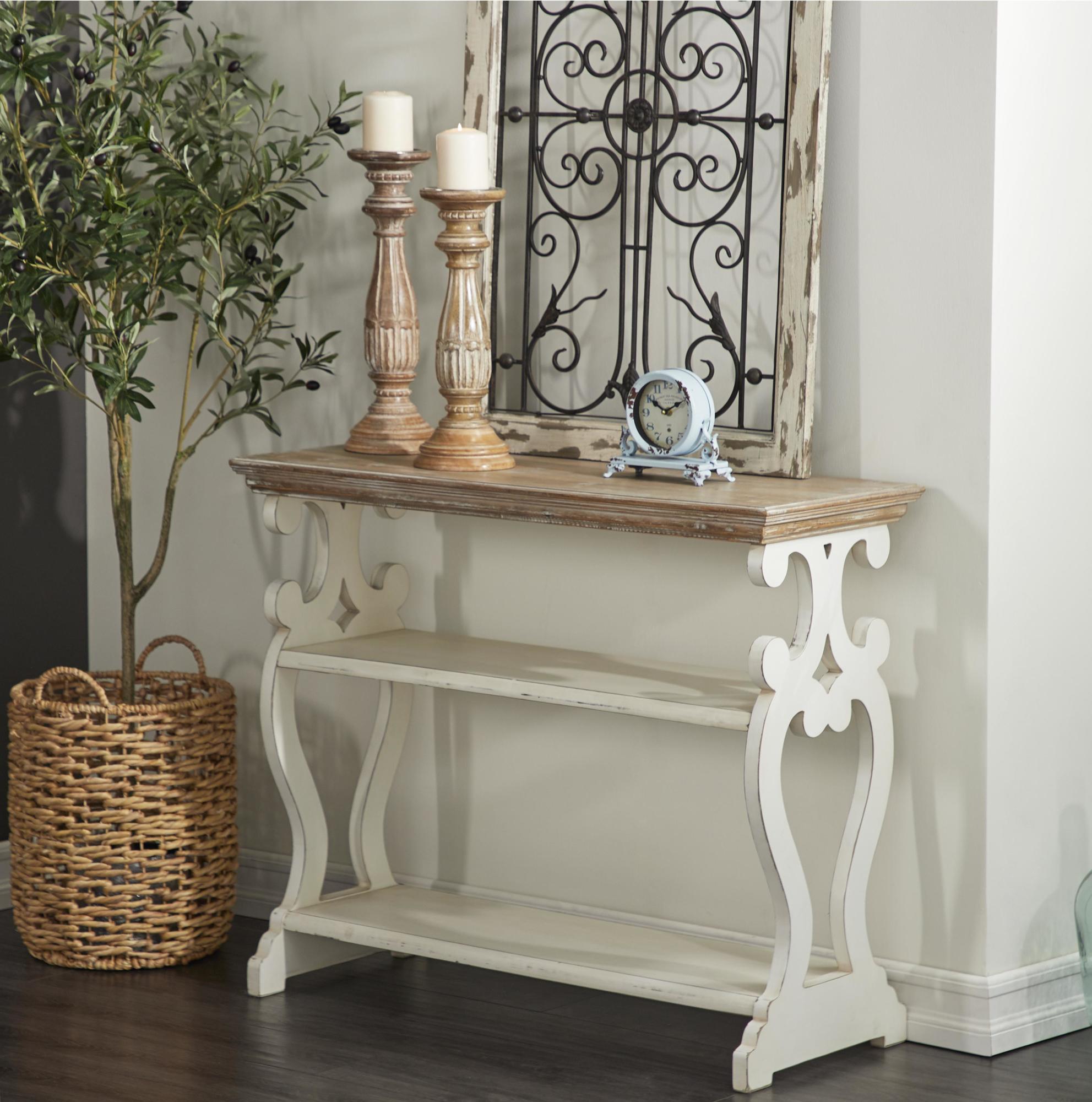 Scroll Wood 2 Shelf Living Room Console Table with Brown Wood Top 38" x 15" x 32"