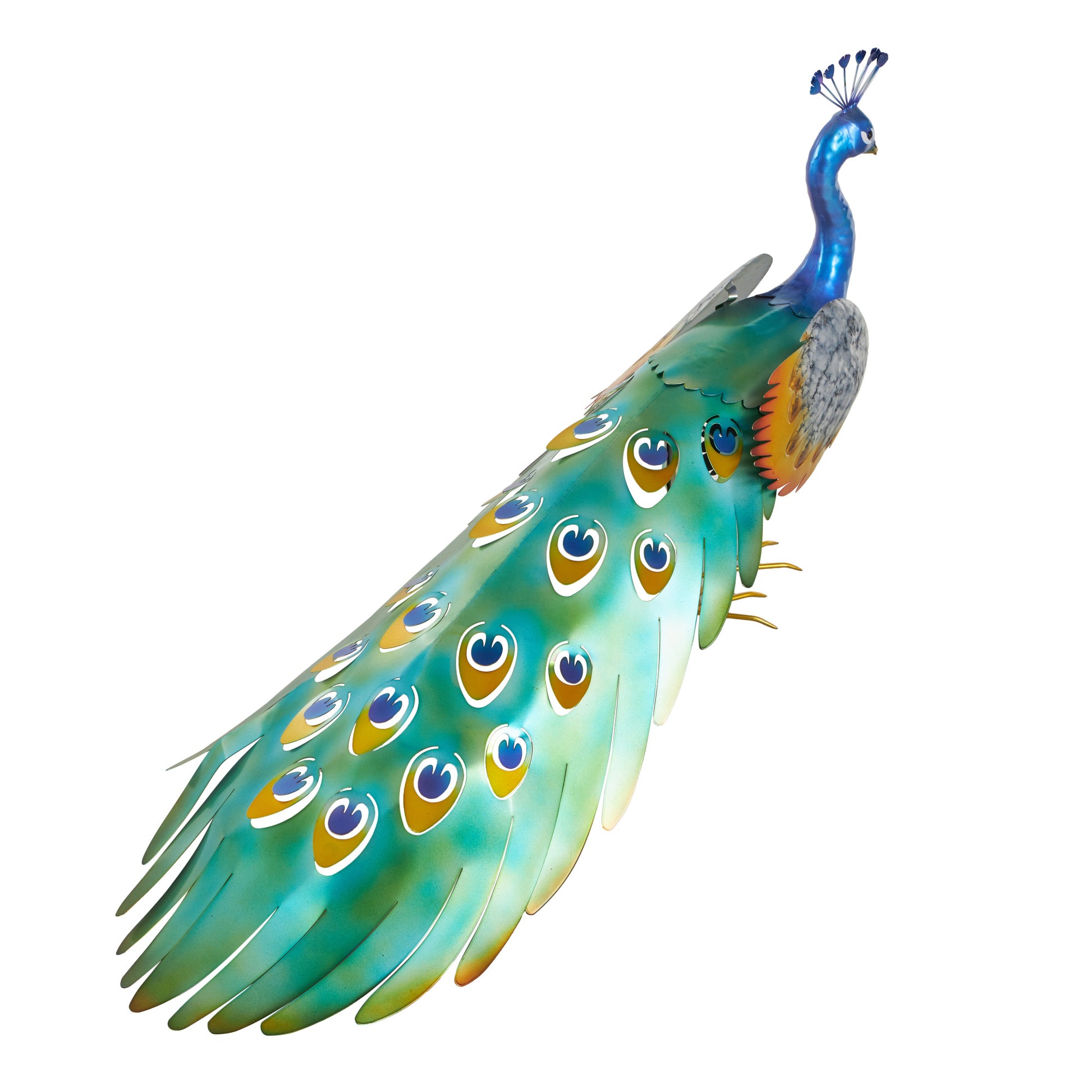 Peacock Blue Metal Decorative Garden Sculpture with Gold Legs and Teal Wings