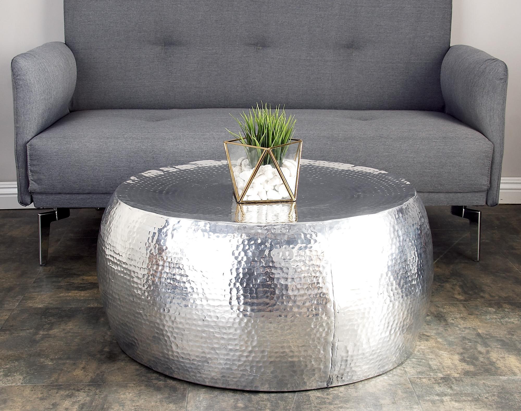 Silver Aluminum Metal Living Room Coffee Table with Hammered Design