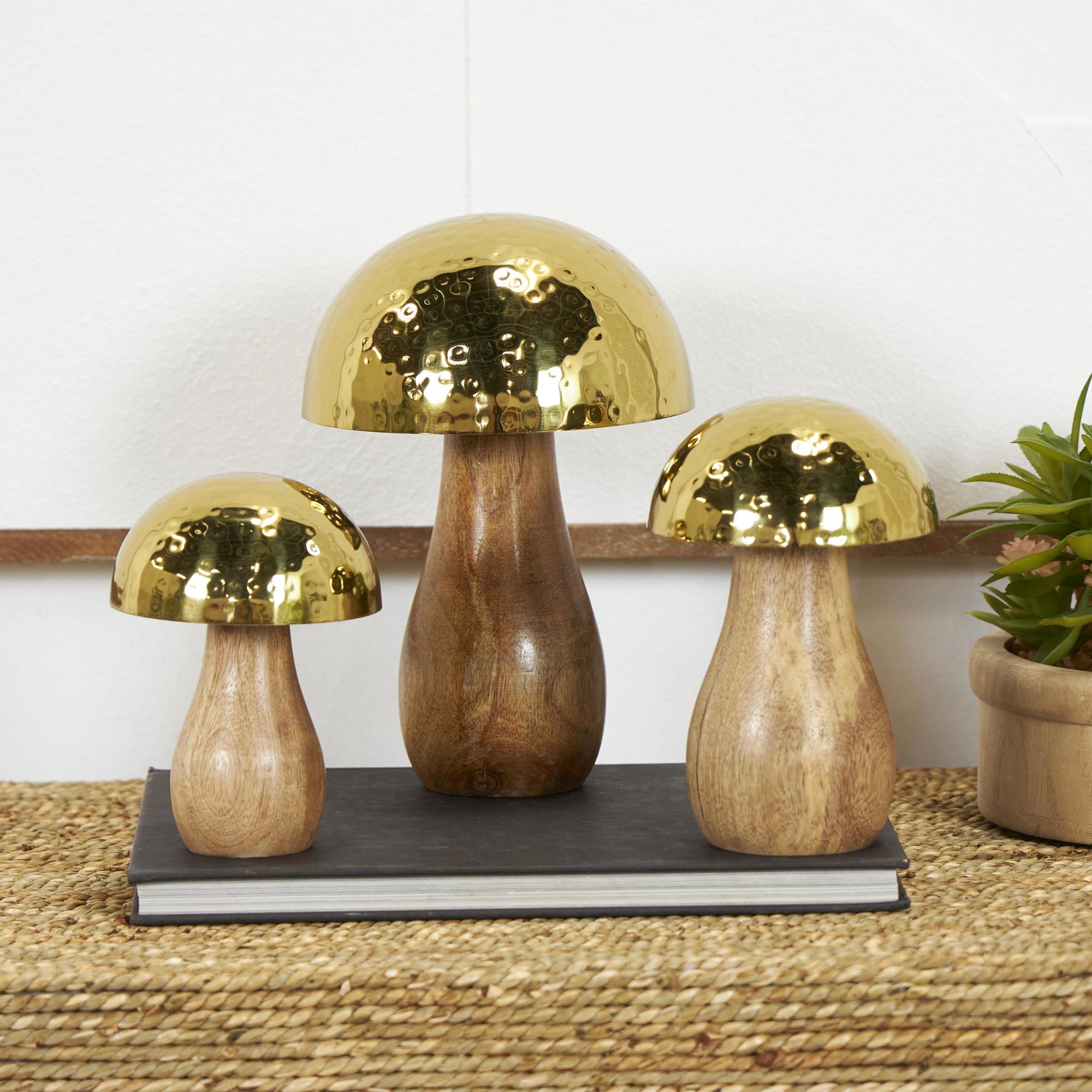 Set of 3 Mushroom Stainless Steel Metal Handmade Hammered Decorative Sculpture with Brown Wood Bases