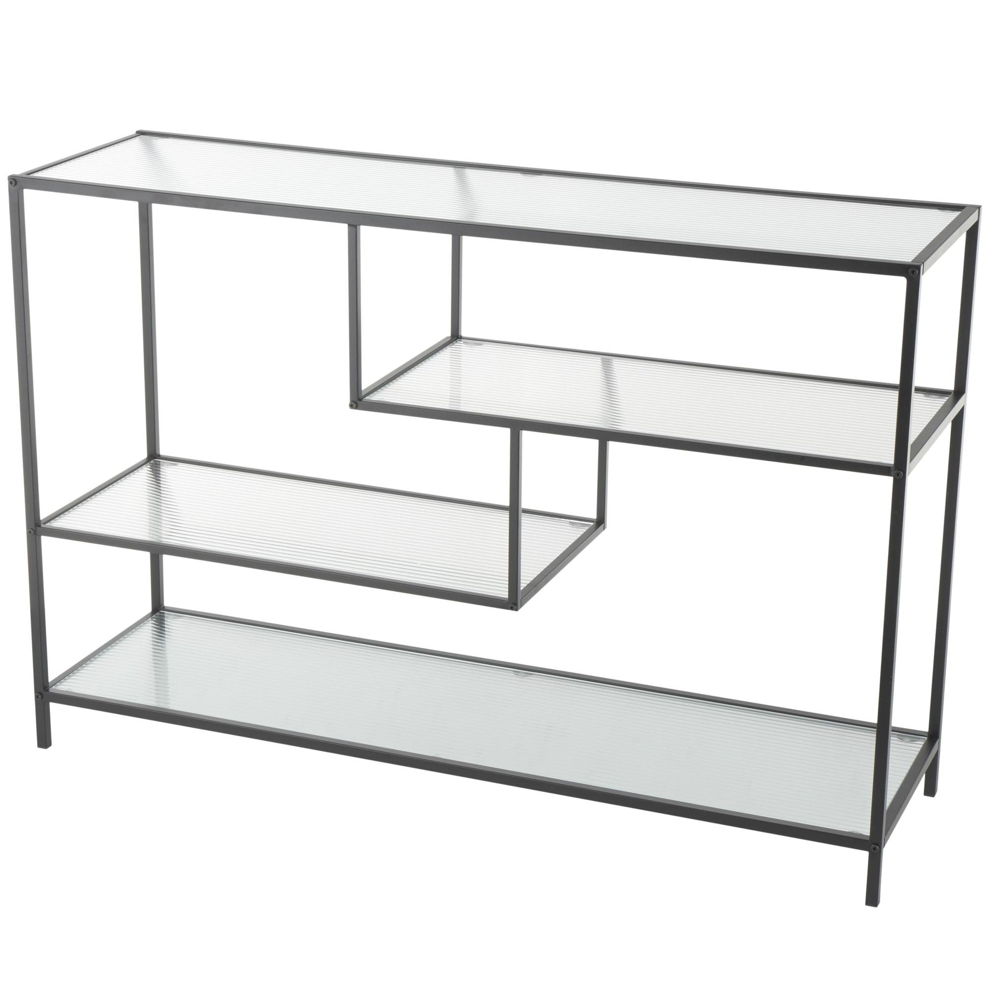 Geometric Black Metal 4 Shelf Living Room Console Table with Clear Glass Shelves
