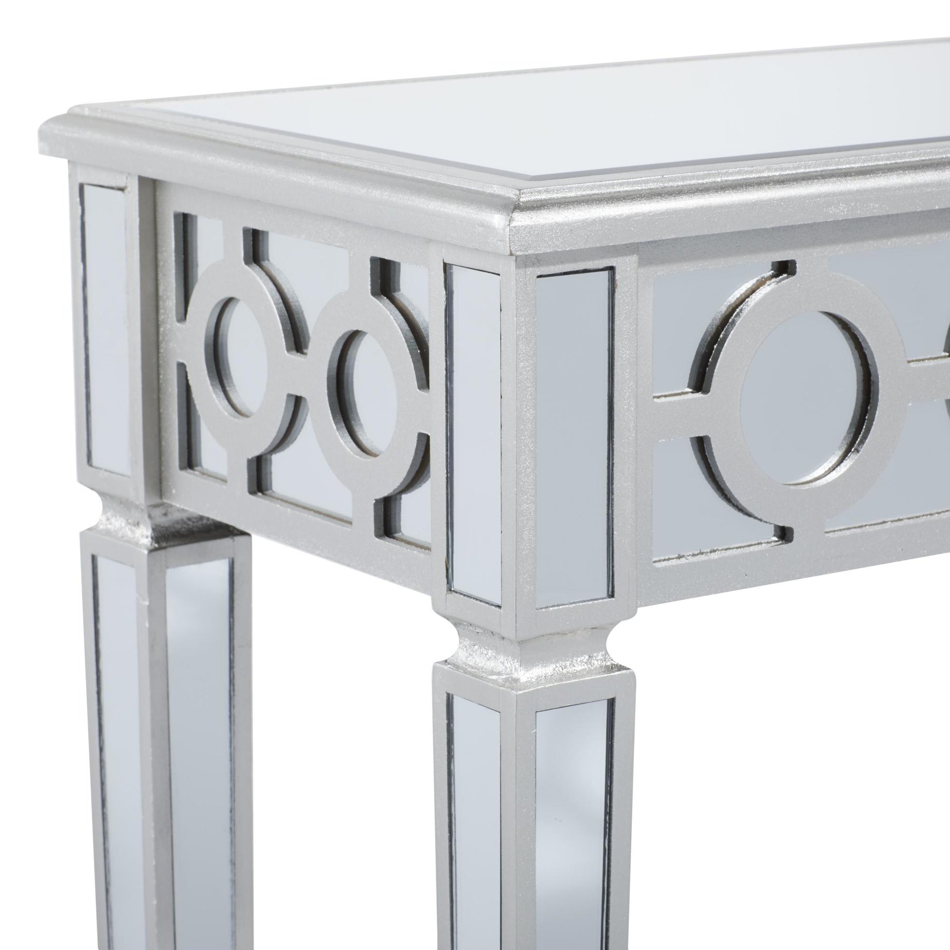 Geometric Silver Glass Mirrored Living Room Console Table with Circular Panel Inlay
