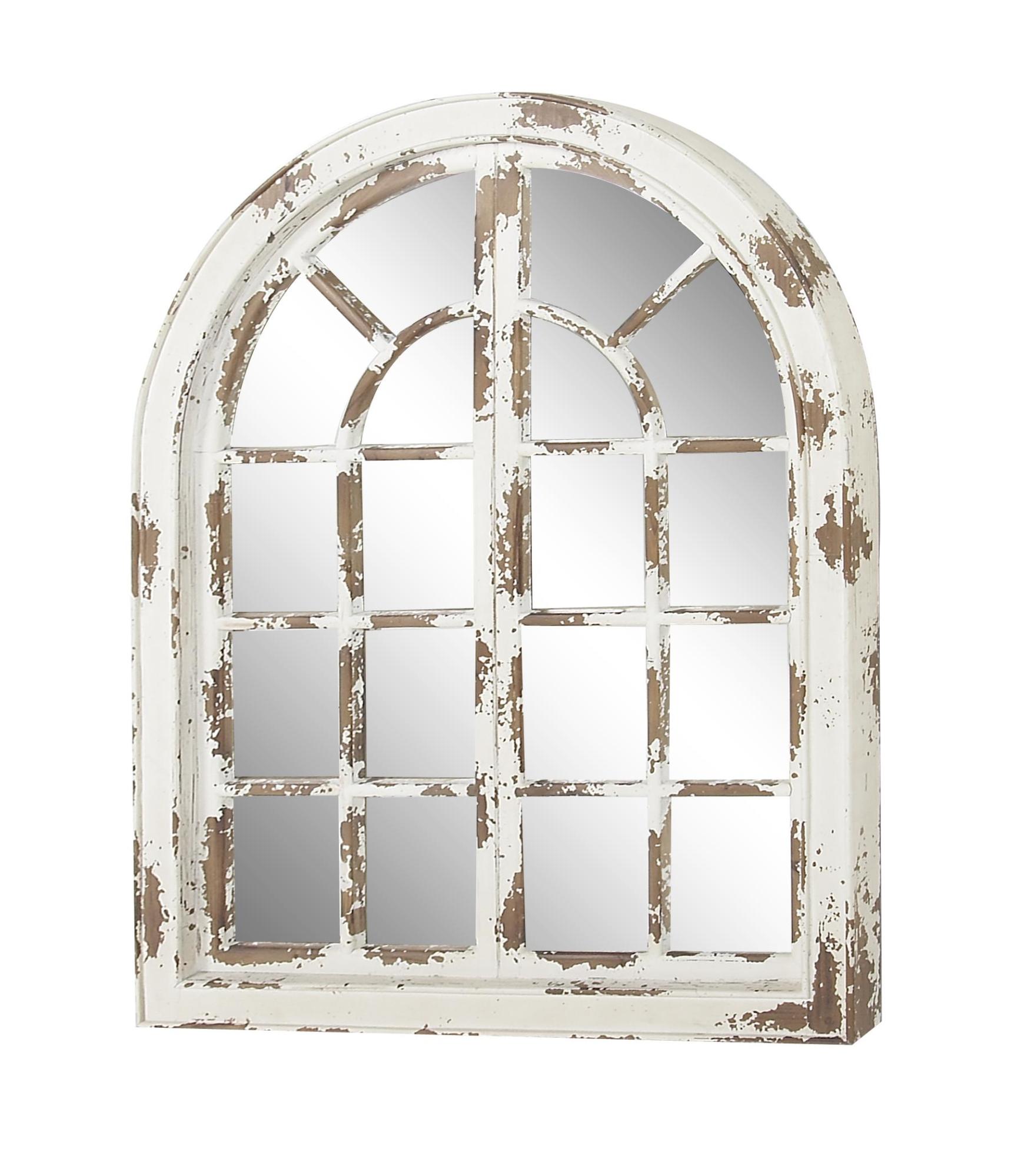 Wood Window Pane Inspired Room Wall Mirror with Arched Top and Distressing