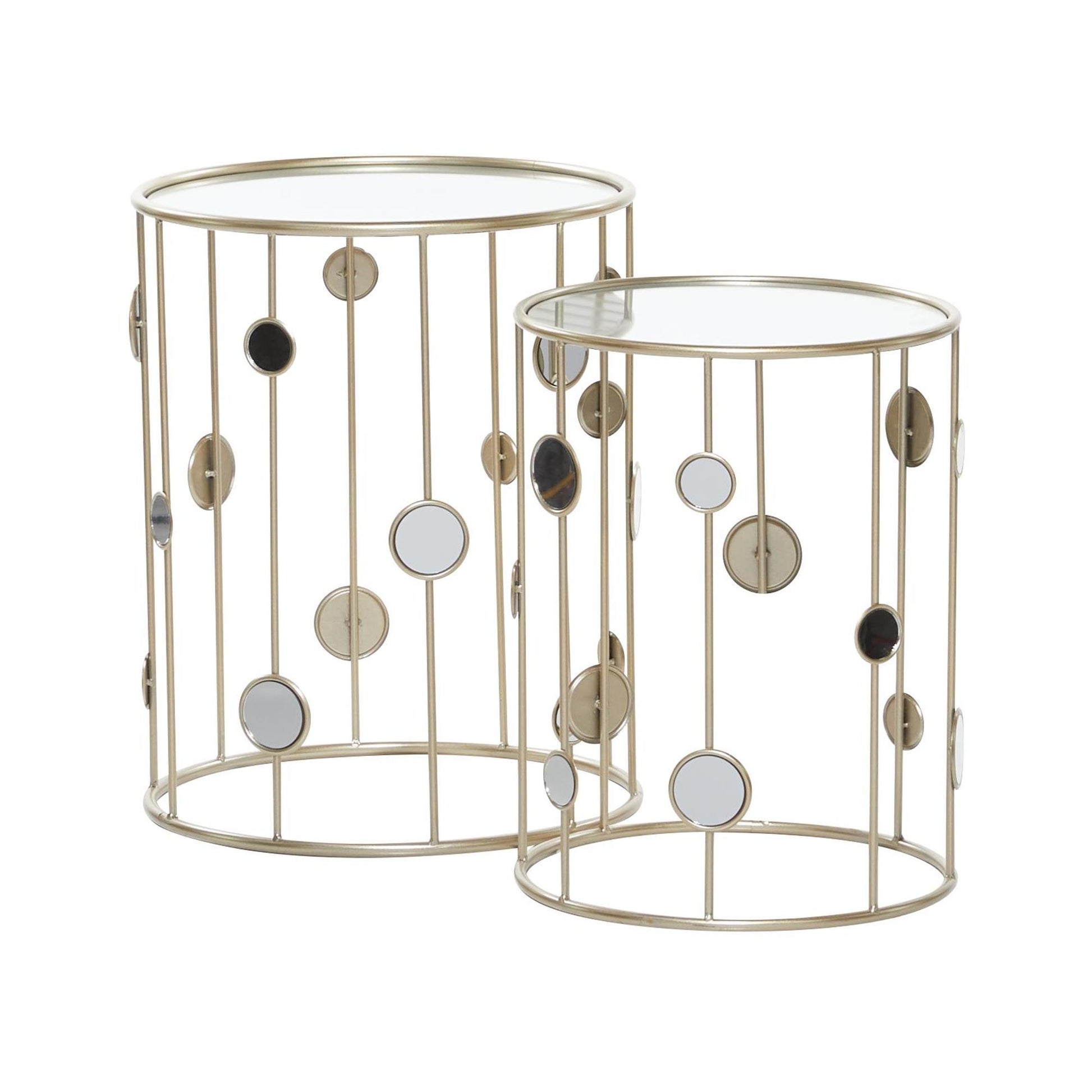 Set of 2 Champagne Metal Open Frame Side End Accent Table with Mirrored Glass Top and Circular Accents