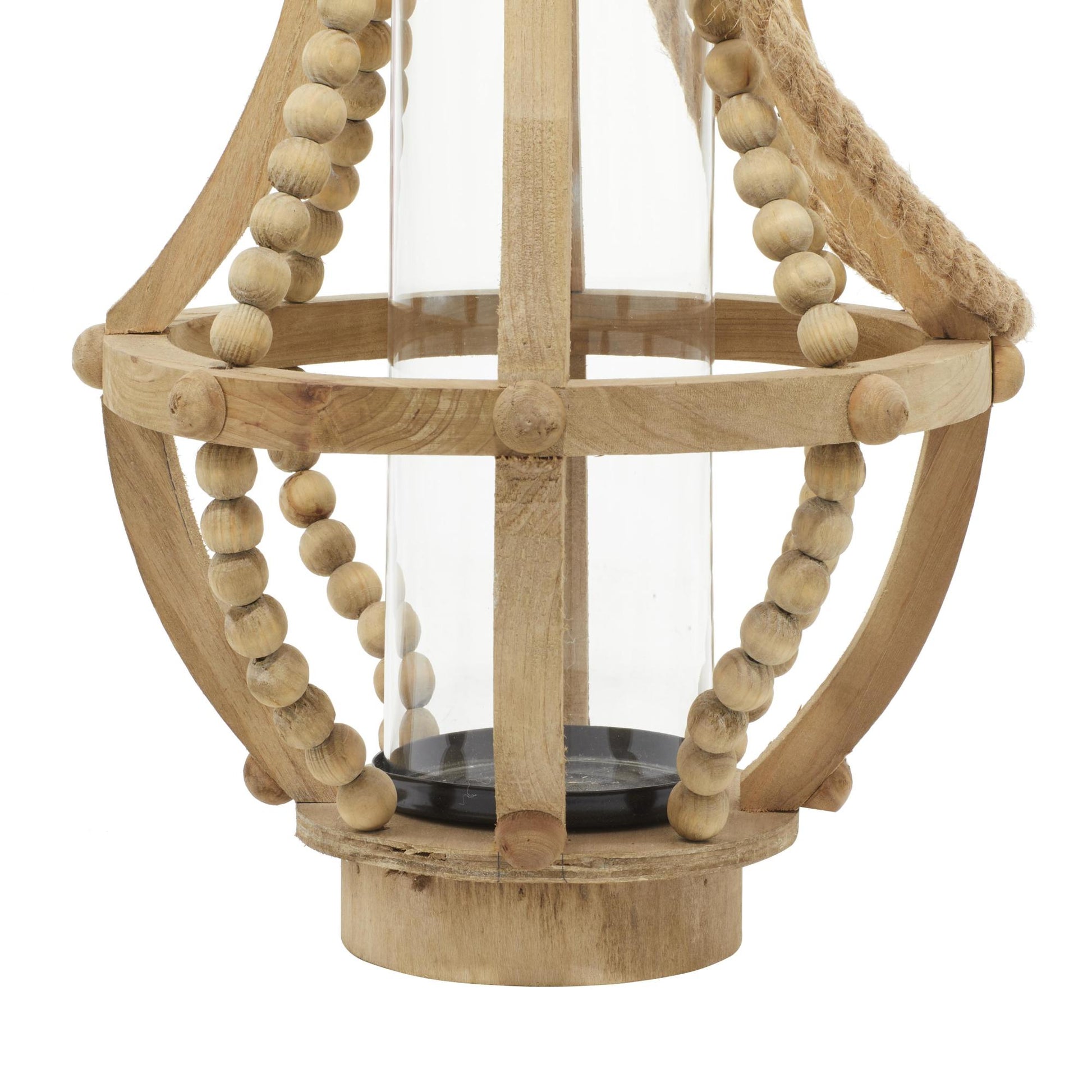 Beige Reclaimed Wood Beaded Decorative Indoor Outdoor Candle Lantern