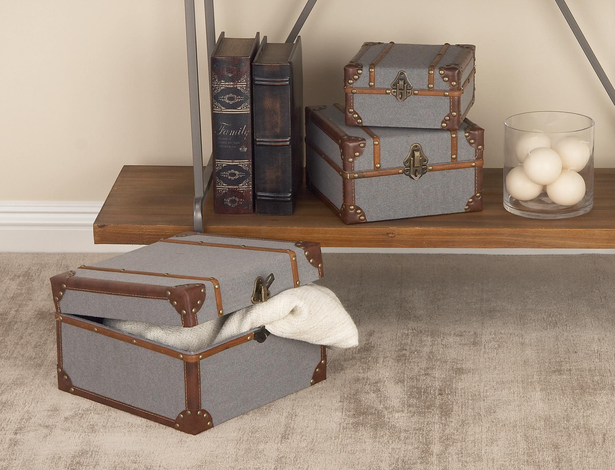 Set of 3 Gray Wooden Upholstered Decorative Box with Hinged Lid