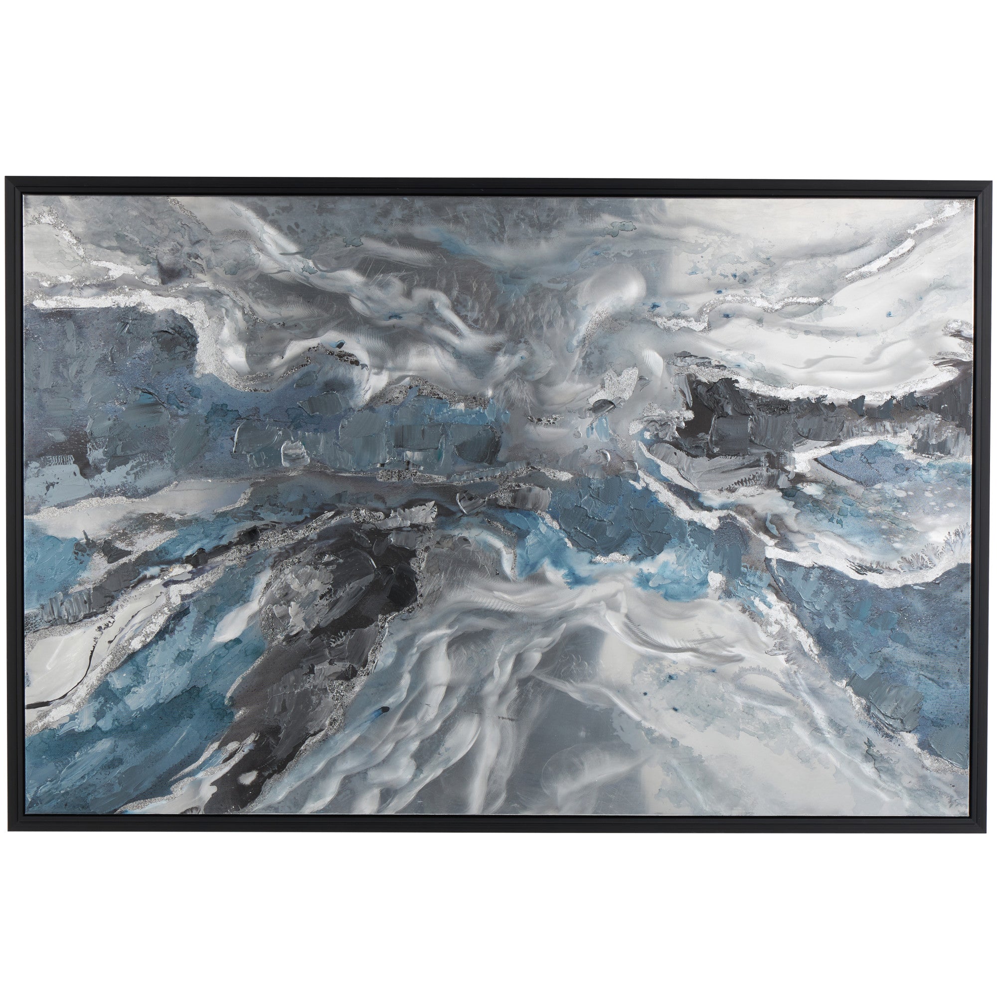 Abstract Blue Canvas Living Room Framed Wall Art with Silver Foil Accents and Black Frame