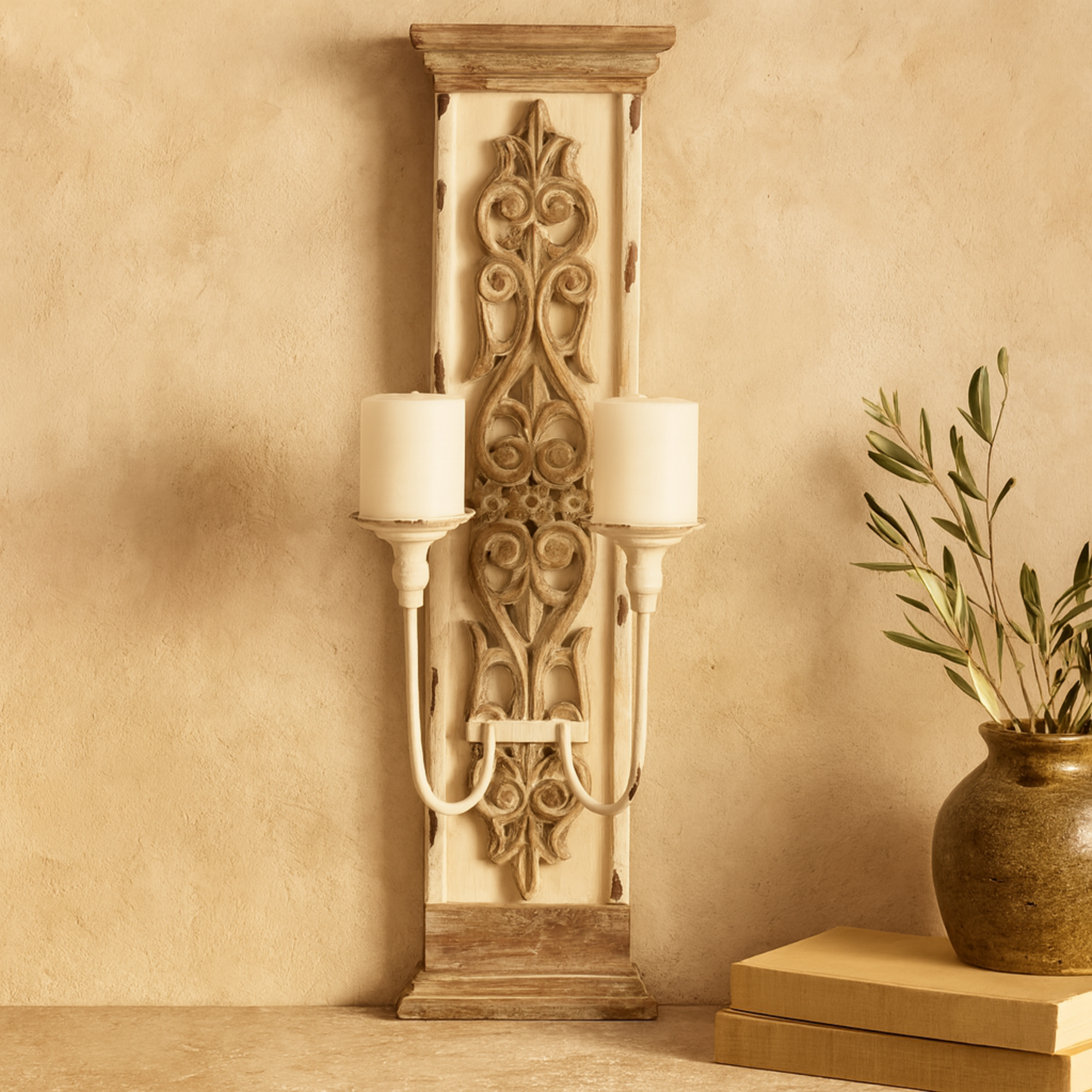 Scroll Brown Wood Pillar 2 Plate Indoor Outdoor Wall Sconce