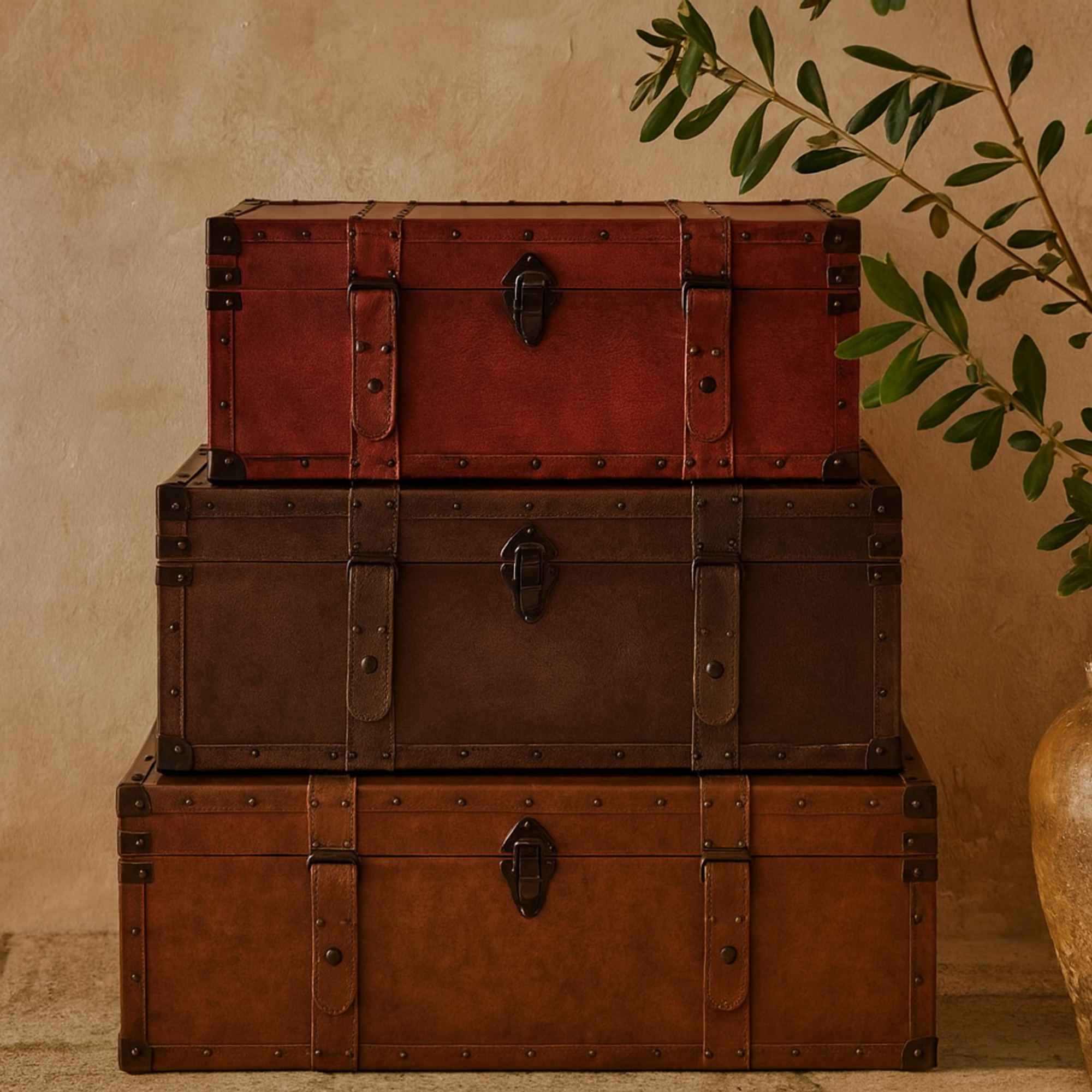 Set of 3 Brown Wood Nesting Upholstered Decorative Trunk with Vintage Accents and Studs