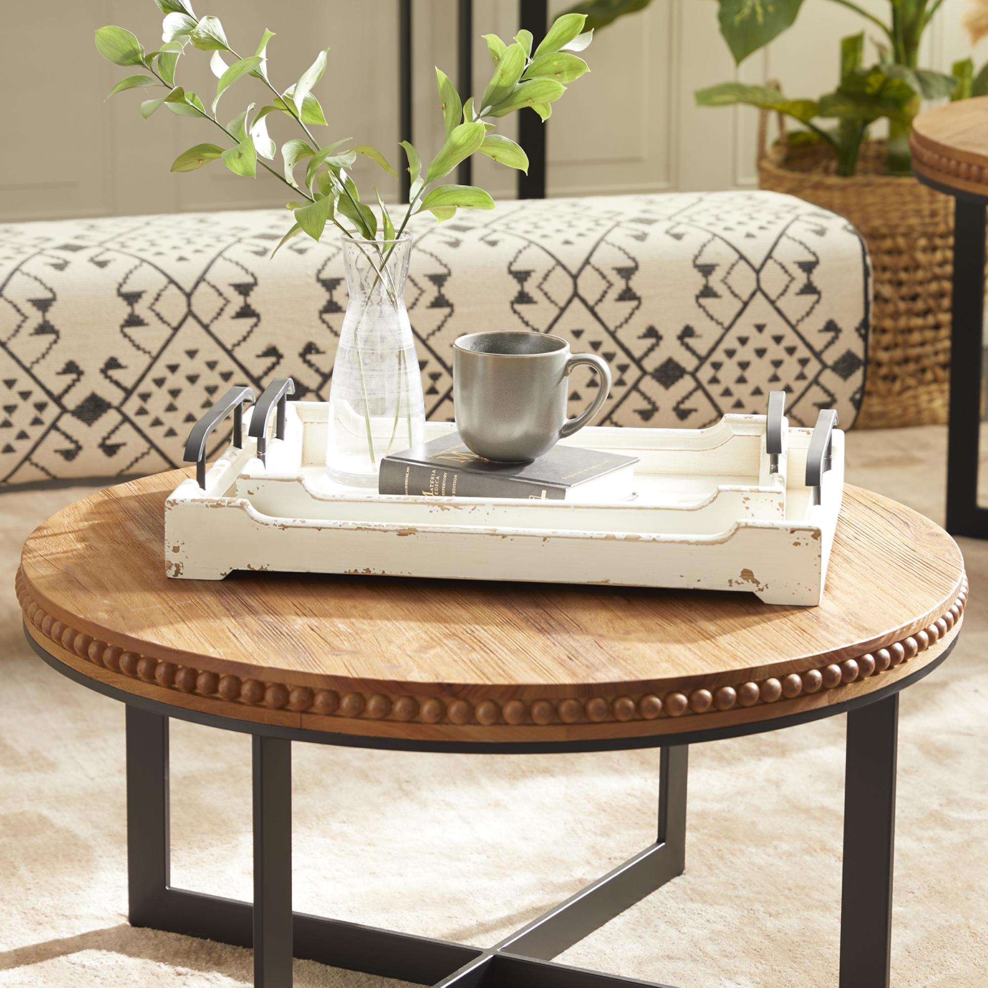 Set of 2 Wood Living Room Decor Tray with Metal Handles