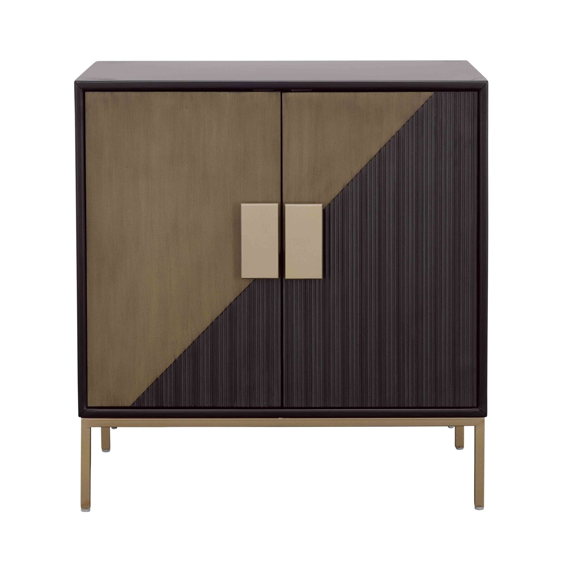 Geometric Black Wooden Ribbed Two-Toned Triangle Cut 2 Door Room Cabinet with Gold Rectangular Block Handles and Legs