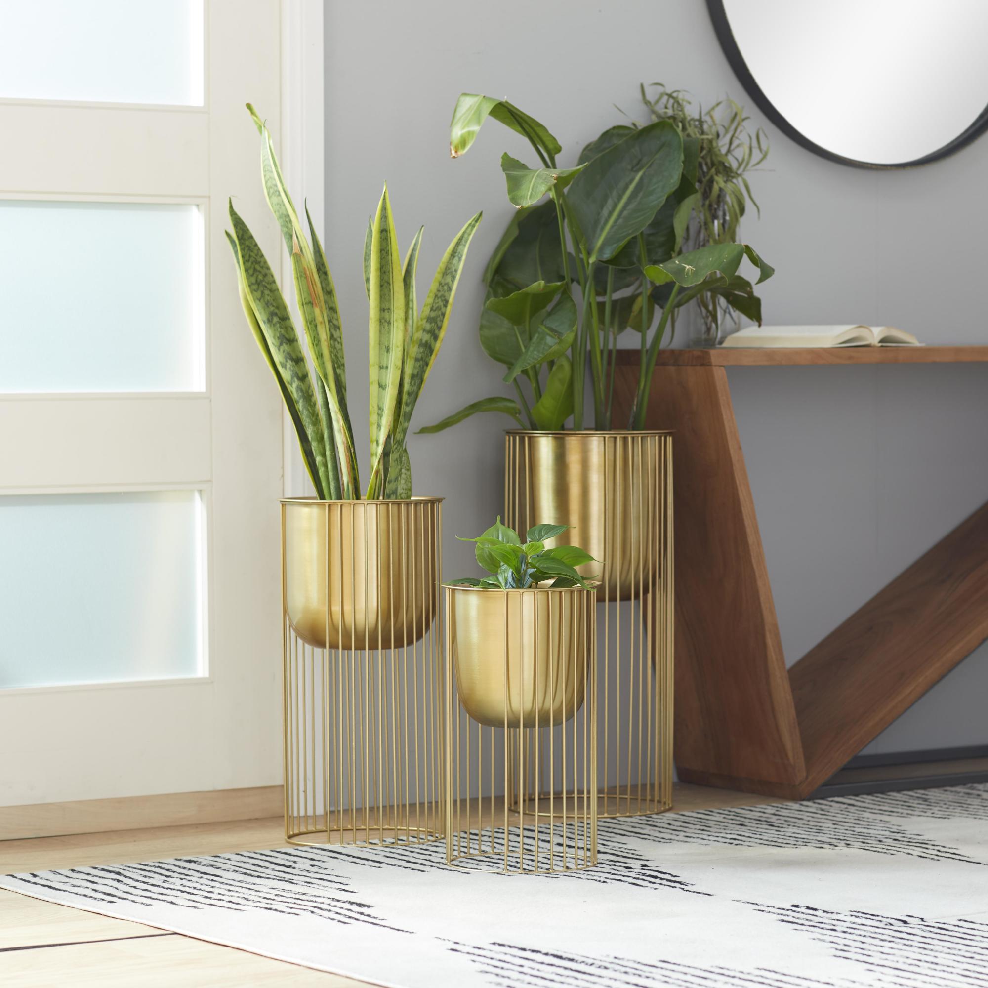 Set of 3 Gold Metal Deep Recessed Dome Indoor Outdoor Planter with Elevated Caged Stand