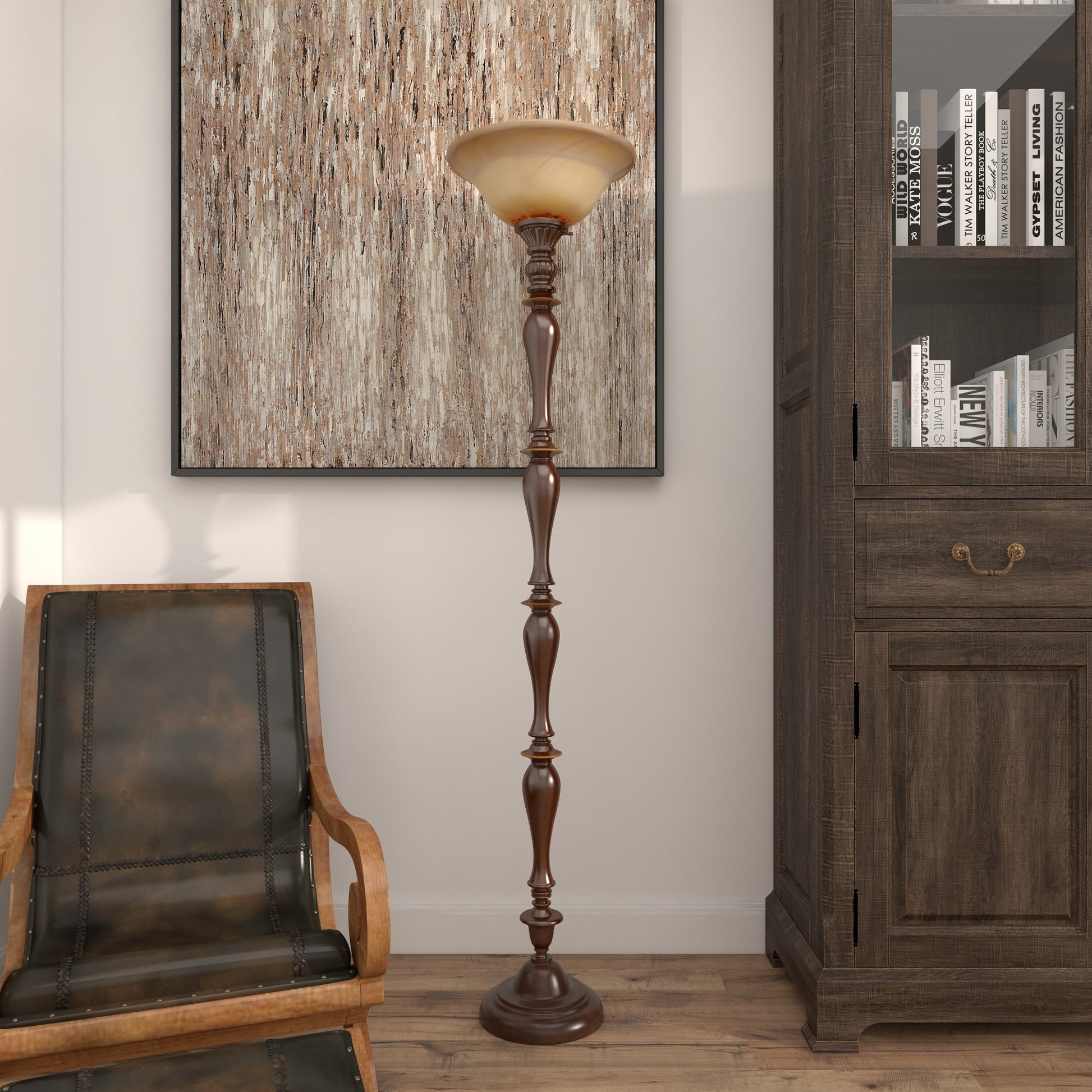 Brown Polystone Antique Style Turned Room Torchiere with Cream Glass Shade