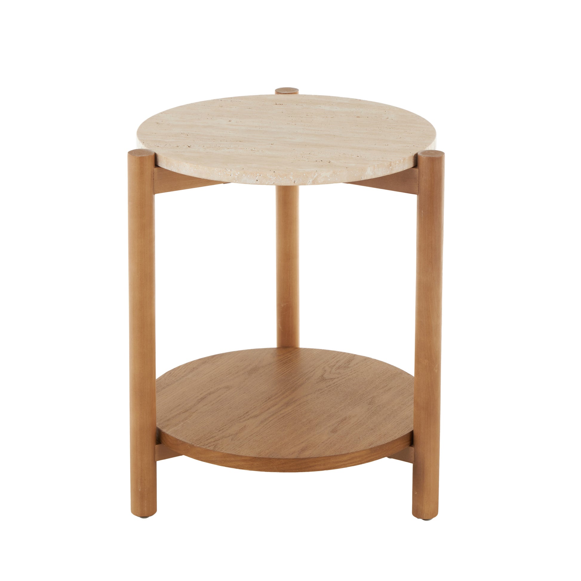 Brown Wood Handmade Round Side End Accent Table with Beige Round Marble Top