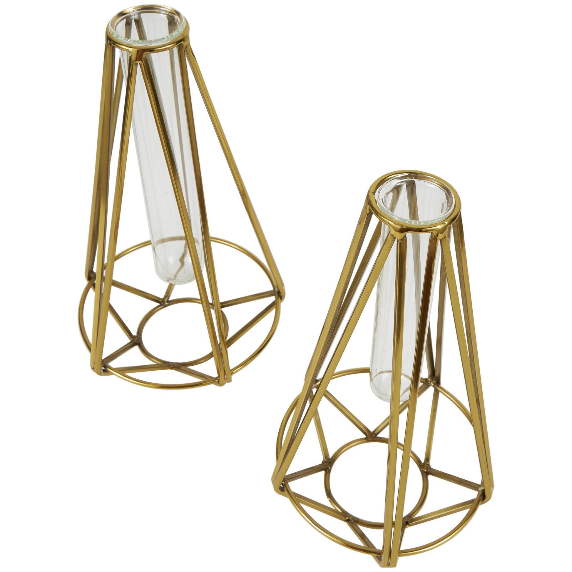 Set of 2 Geometric Gold Stainless Steel Metal Test Tube Decorative Vase