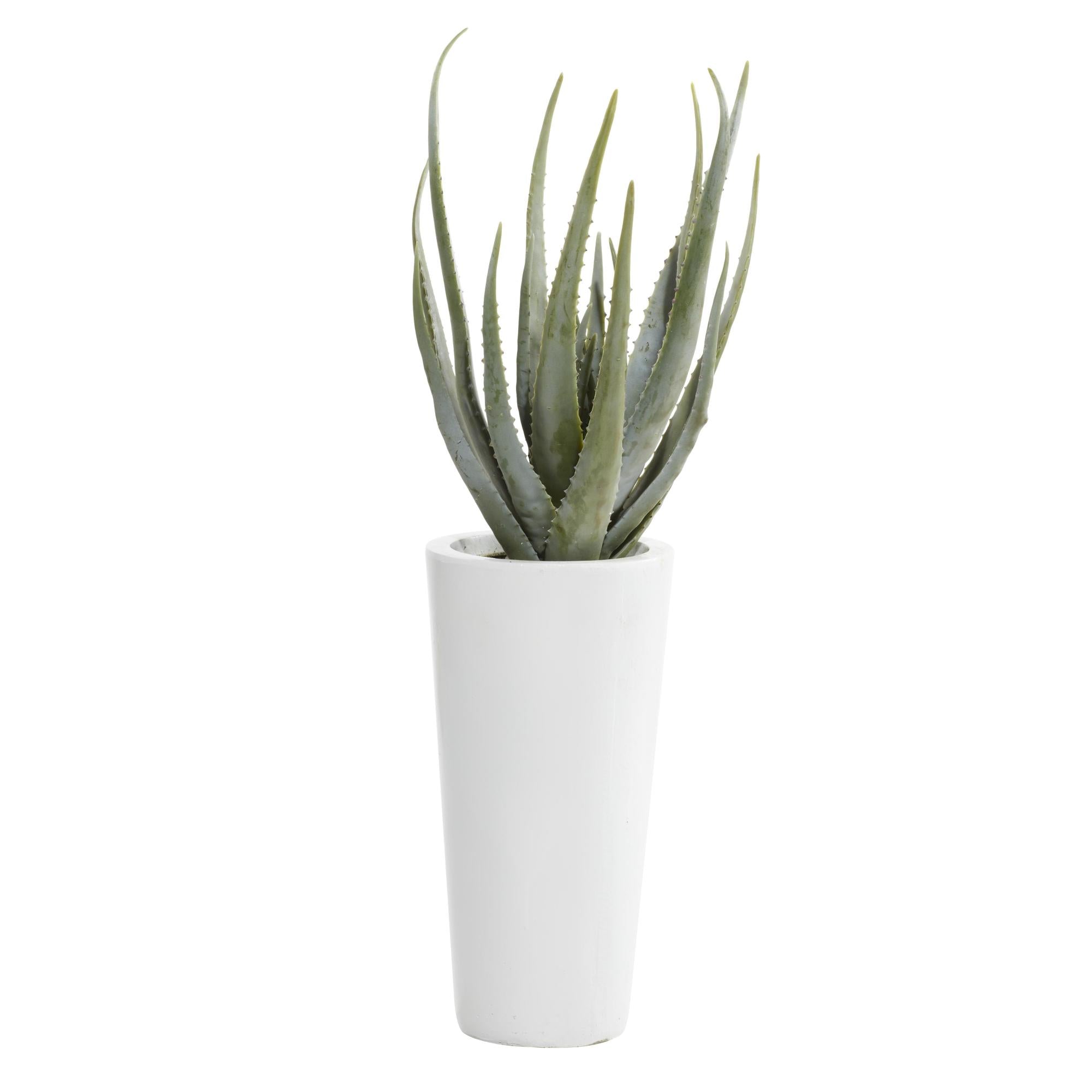 Aloe Vera Green Faux Foliage Indoor Outdoor Artificial Plant with Realistic Leaves and White Fiberglass Pot