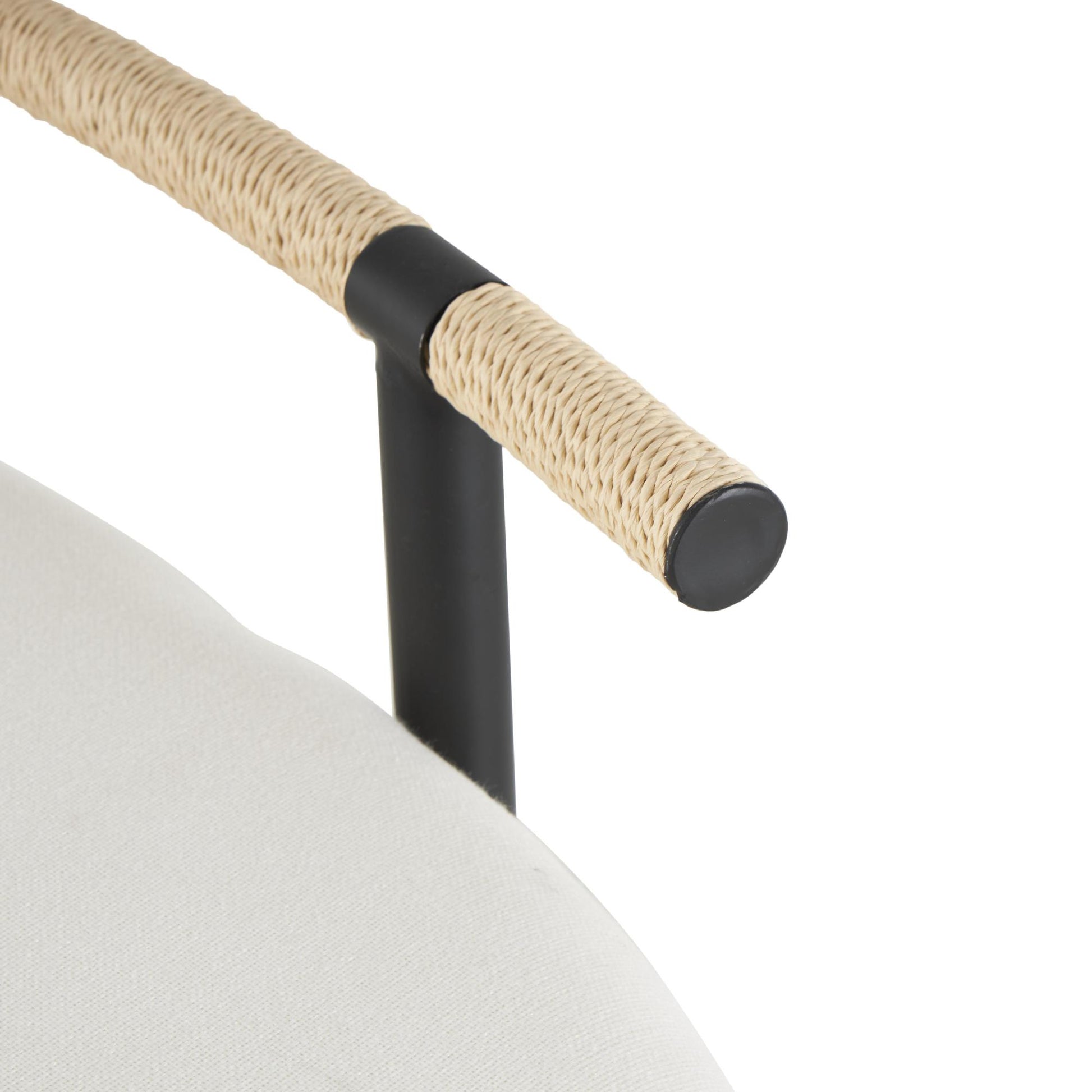 Abstract White Fabric Upholstered Oval Home Bench with Black Metal Frame and Rope Rod Backrest