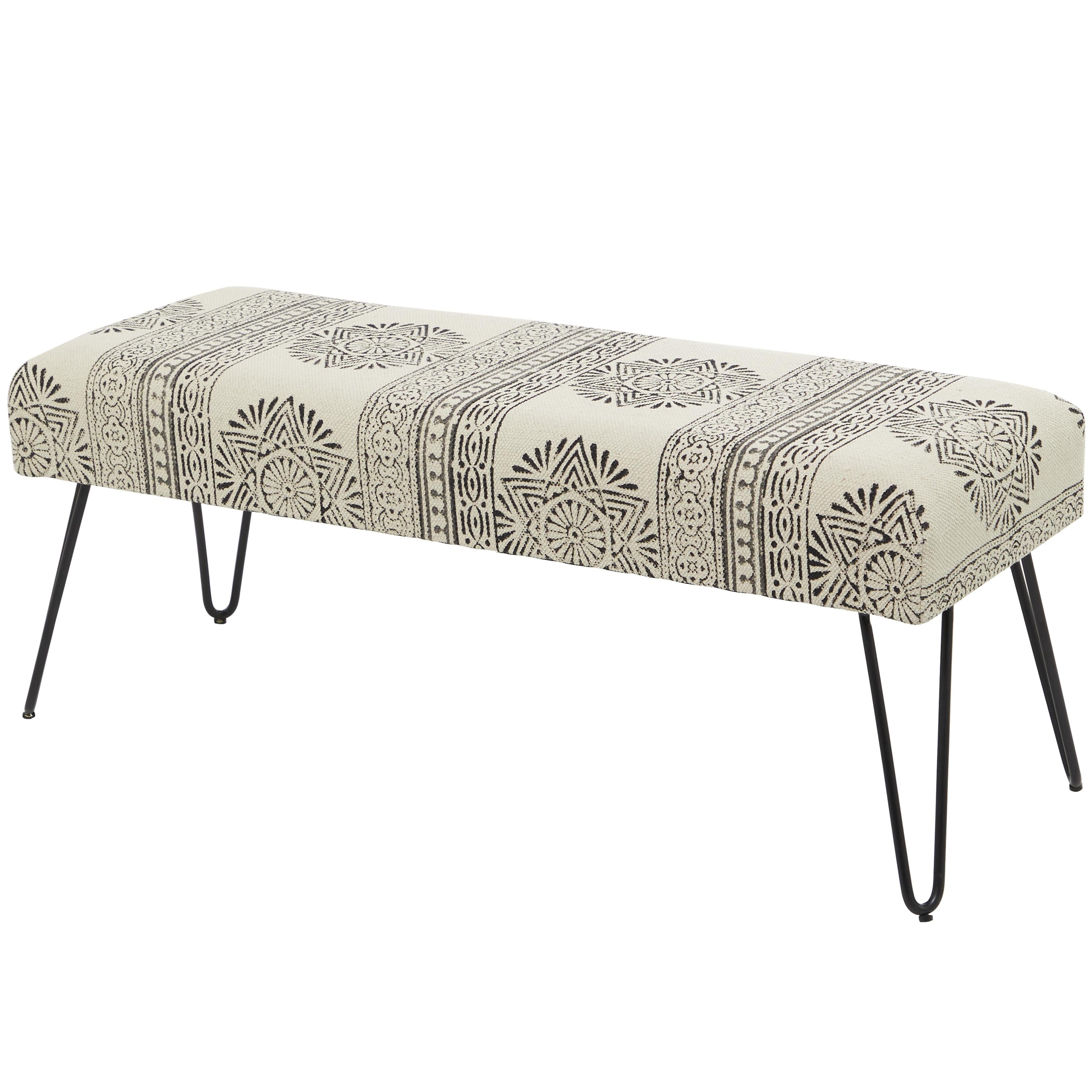 Tribal Cotton Fabric Home Bench with Metal Hairpin Legs