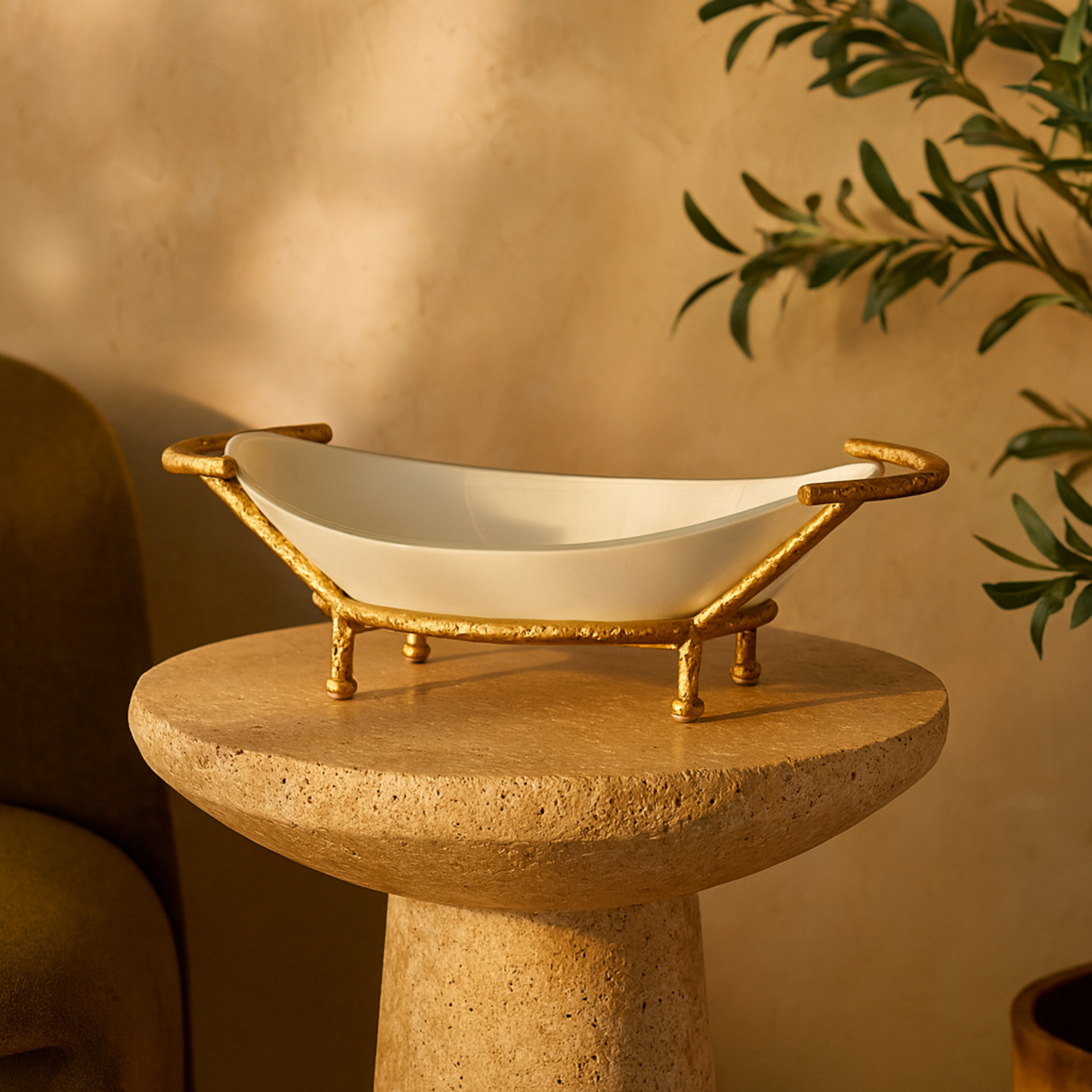 Kitchen White Tempered Glass Decorative Serving Bowl with Gold Metal Stand
